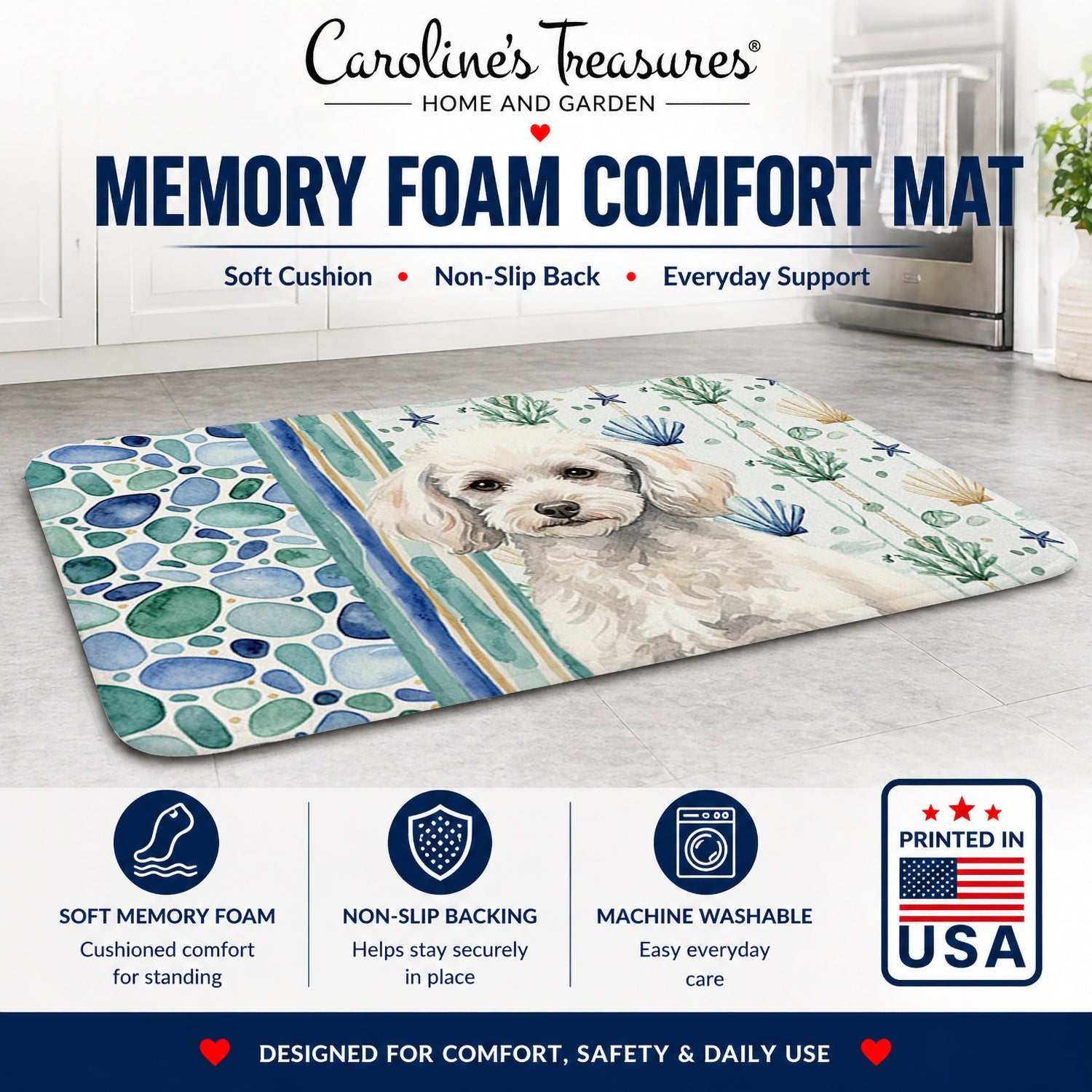 Miniature White Poodle Coastal Sea Glass Memory Foam Kitchen Mat Machine Washable Anti-Fatigue Cushion Comfort Bath or Kitchen Rug
