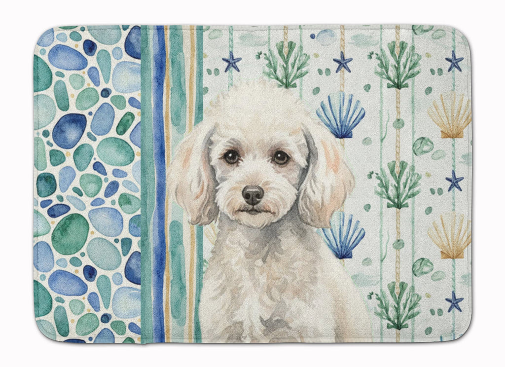 Miniature White Poodle Coastal Sea Glass Memory Foam Kitchen Mat Machine Washable Anti-Fatigue Cushion Comfort Bath or Kitchen Rug