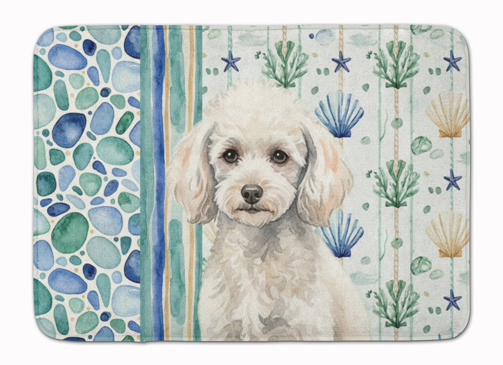 Miniature White Poodle Coastal Sea Glass Memory Foam Kitchen Mat Machine Washable Anti-Fatigue Cushion Comfort Bath or Kitchen Rug