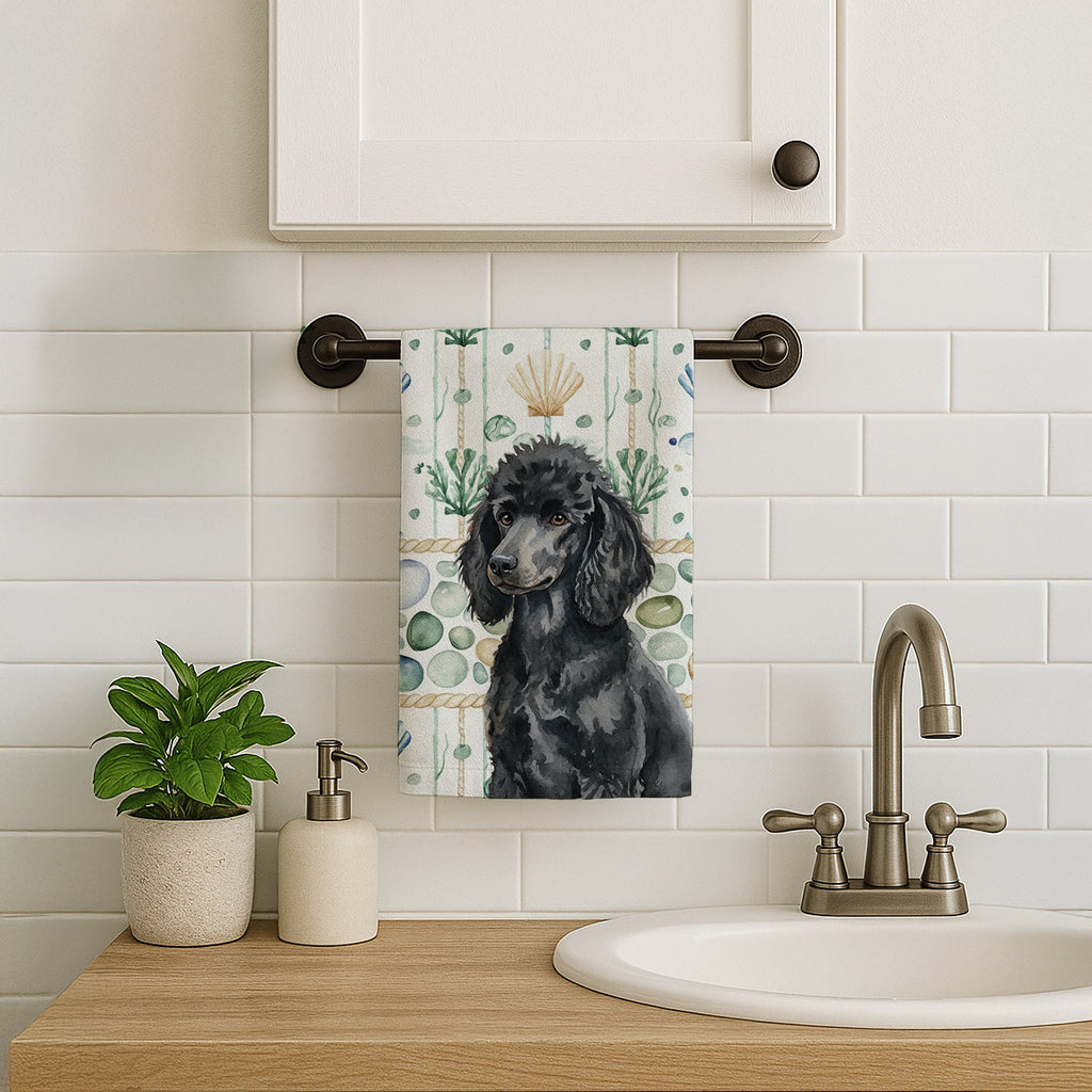 Standard Black Poodle Coastal Sea Glass Kitchen Towel Velour Plush Front and Cotton Loop Back Machine Washable