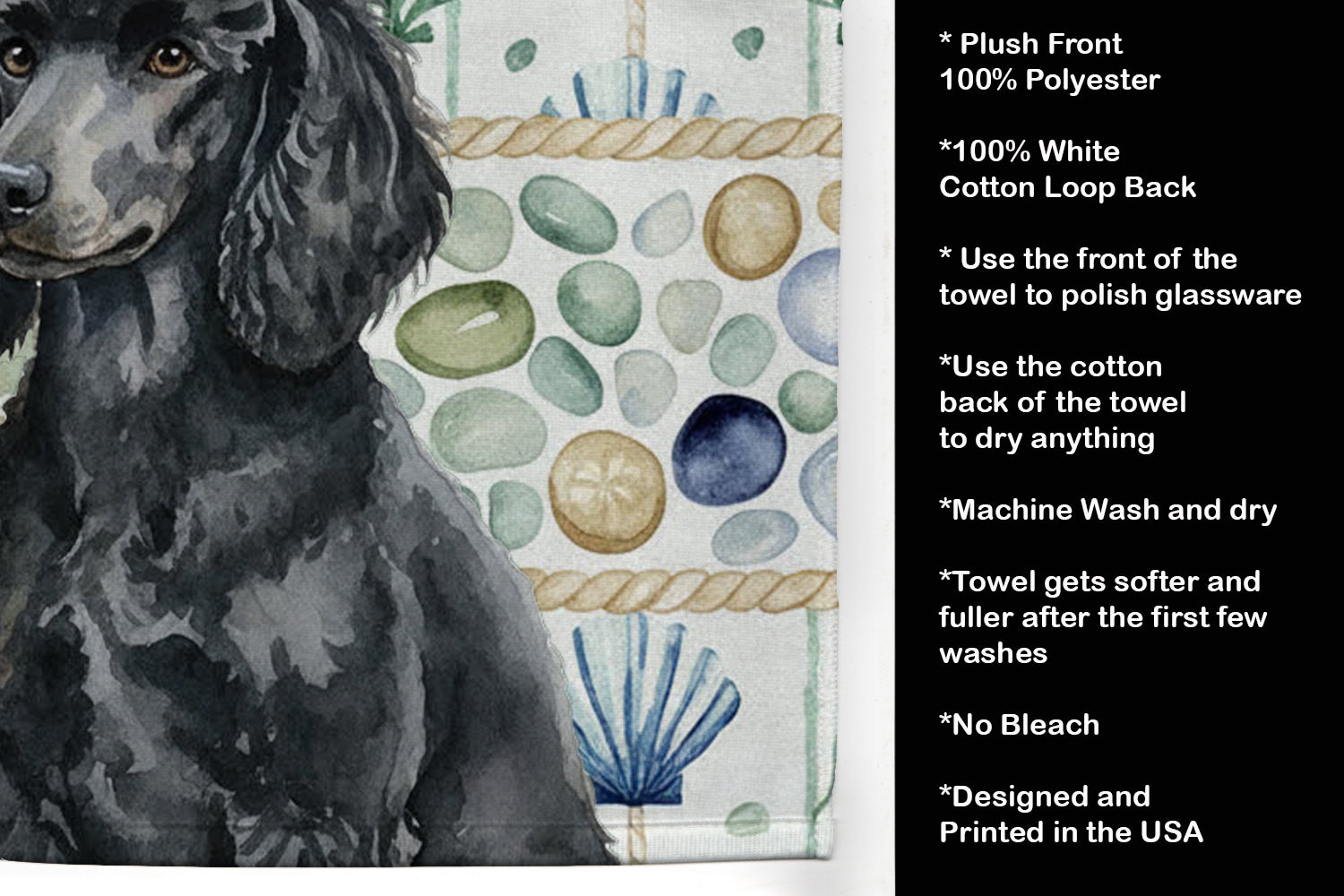 Standard Black Poodle Coastal Sea Glass Kitchen Towel Velour Plush Front and Cotton Loop Back Machine Washable