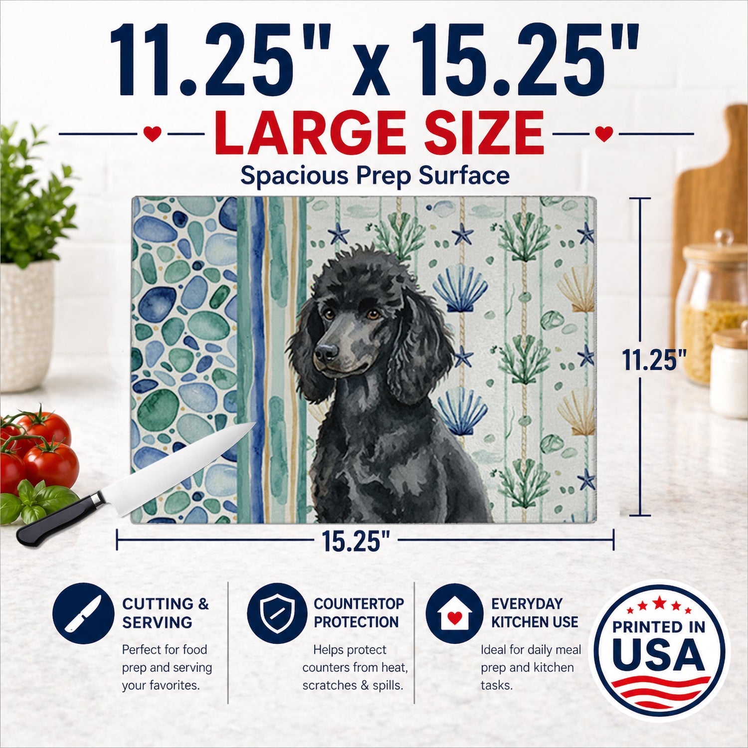 Standard Black Poodle Coastal Sea Glass Cutting Board Tempered Glass Kitchen Cutting Surface, Heat Resistant Chopping, Non-Slip Feet, Food Prep & Serving