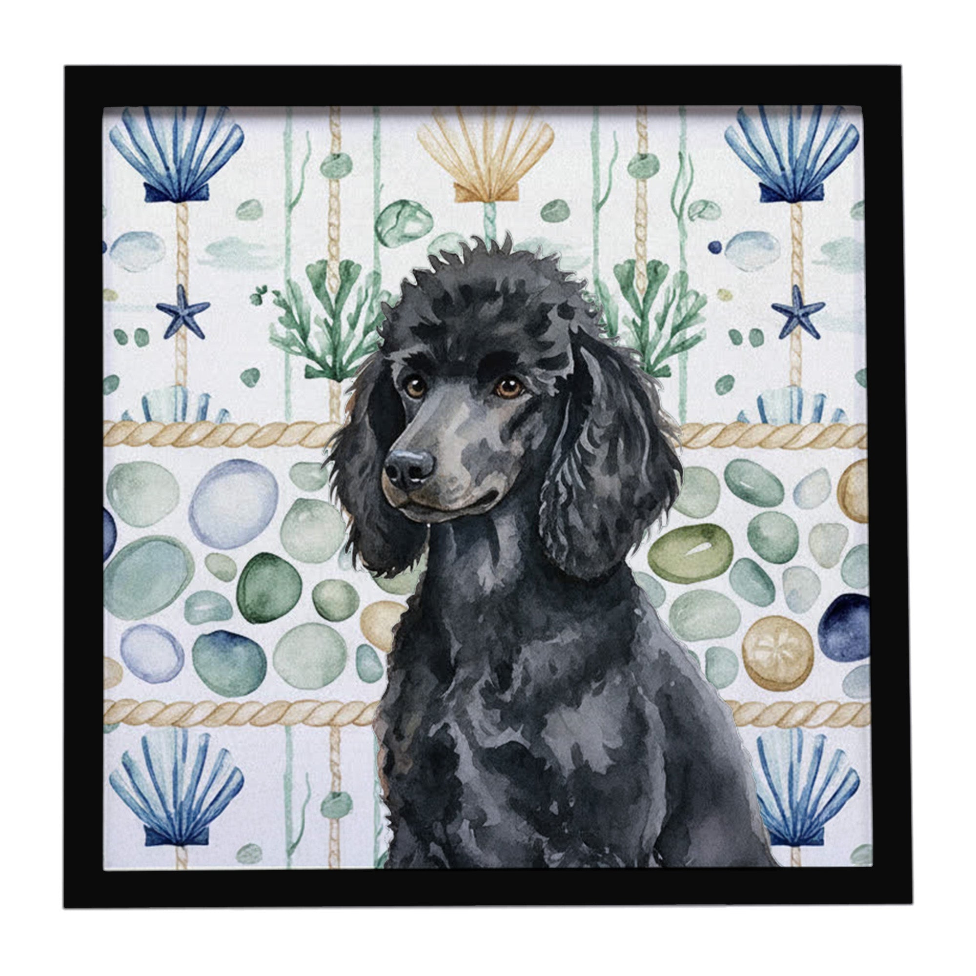 Standard Black Poodle Coastal Sea Glass Framed Metal Print Bathroom, Kitchen, Office, Home Decor Wall Art Ready to Hang, Square, 8X8