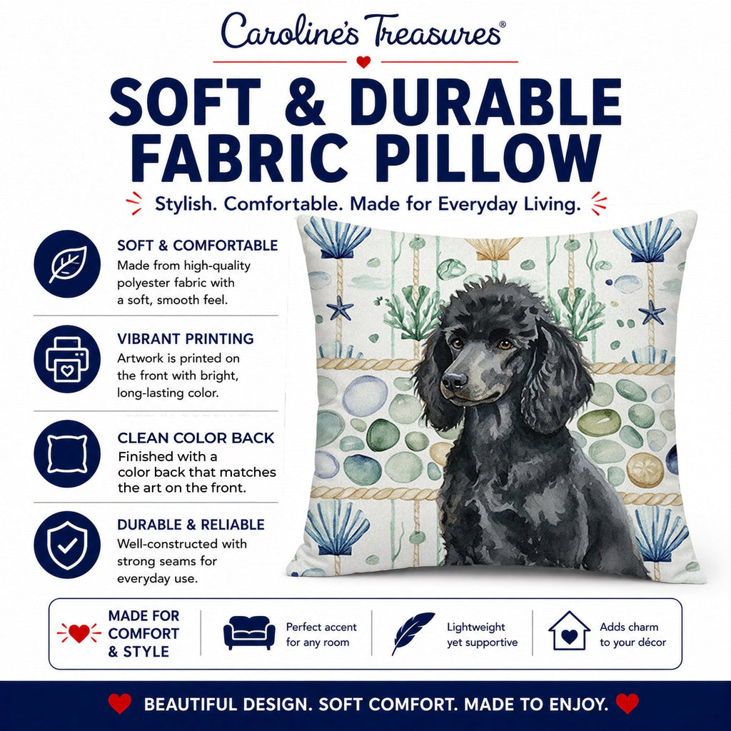 Standard Black Poodle Coastal Sea Glass Decorative Throw Pillow 14x14 Indoor Outdoor Accent Cushion, Fabric Cover with Insert for Sofa, Bed, Porch & Living Room