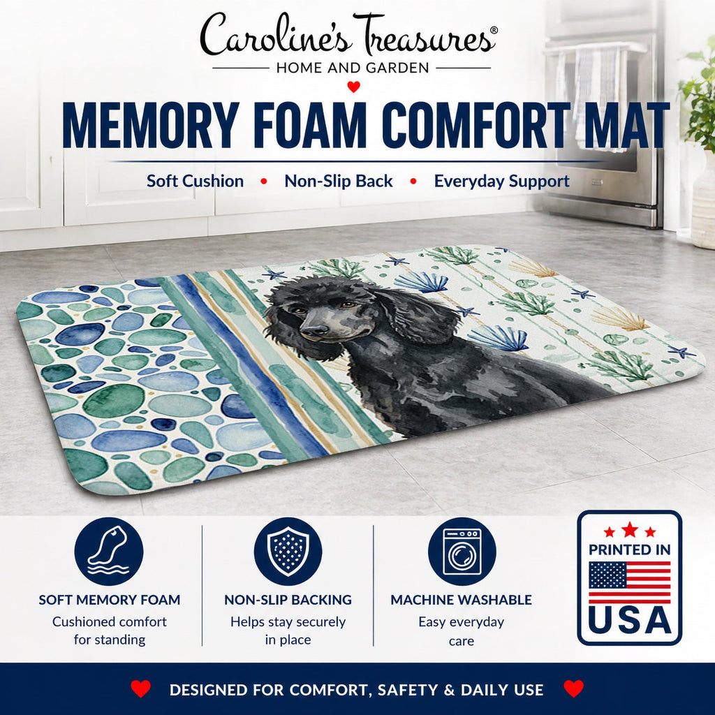 Standard Black Poodle Coastal Sea Glass Memory Foam Kitchen Mat Machine Washable Anti-Fatigue Cushion Comfort Bath or Kitchen Rug