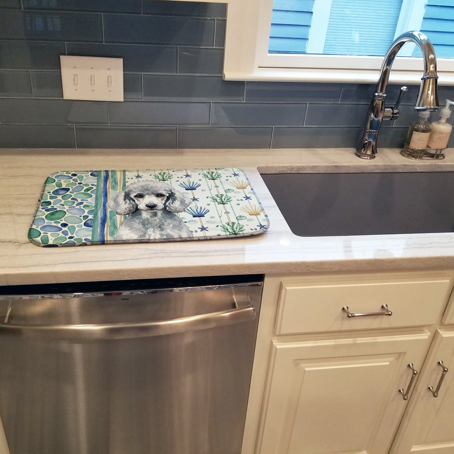 Standard Silver Poodle Coastal Sea Glass Dish Drying Mat Absorbent Dish Drying Mat Pad for Kitchen Counter Dish Drainer Mat for Countertop, 14 x 21", Multicolor