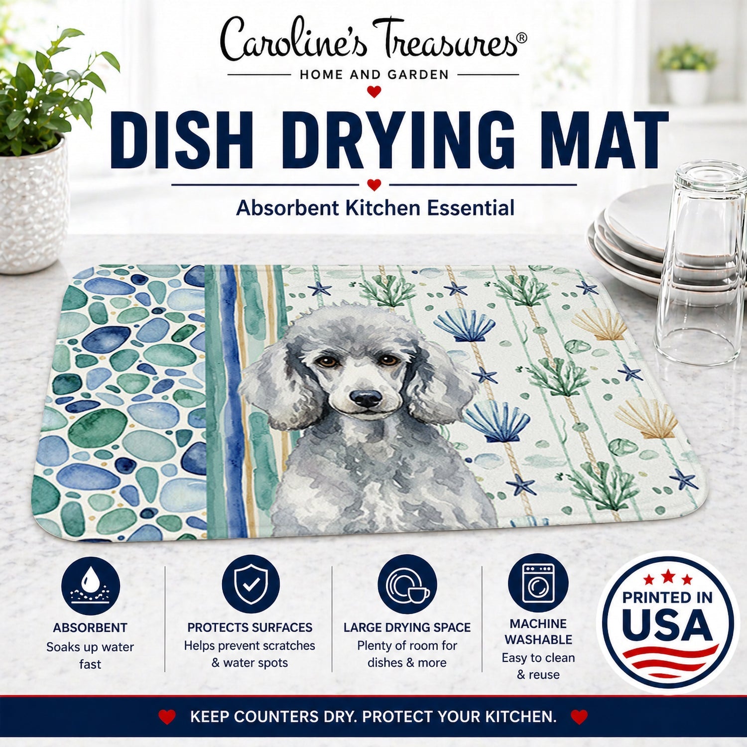 Standard Silver Poodle Coastal Sea Glass Dish Drying Mat Absorbent Dish Drying Mat Pad for Kitchen Counter Dish Drainer Mat for Countertop, 14 x 21", Multicolor