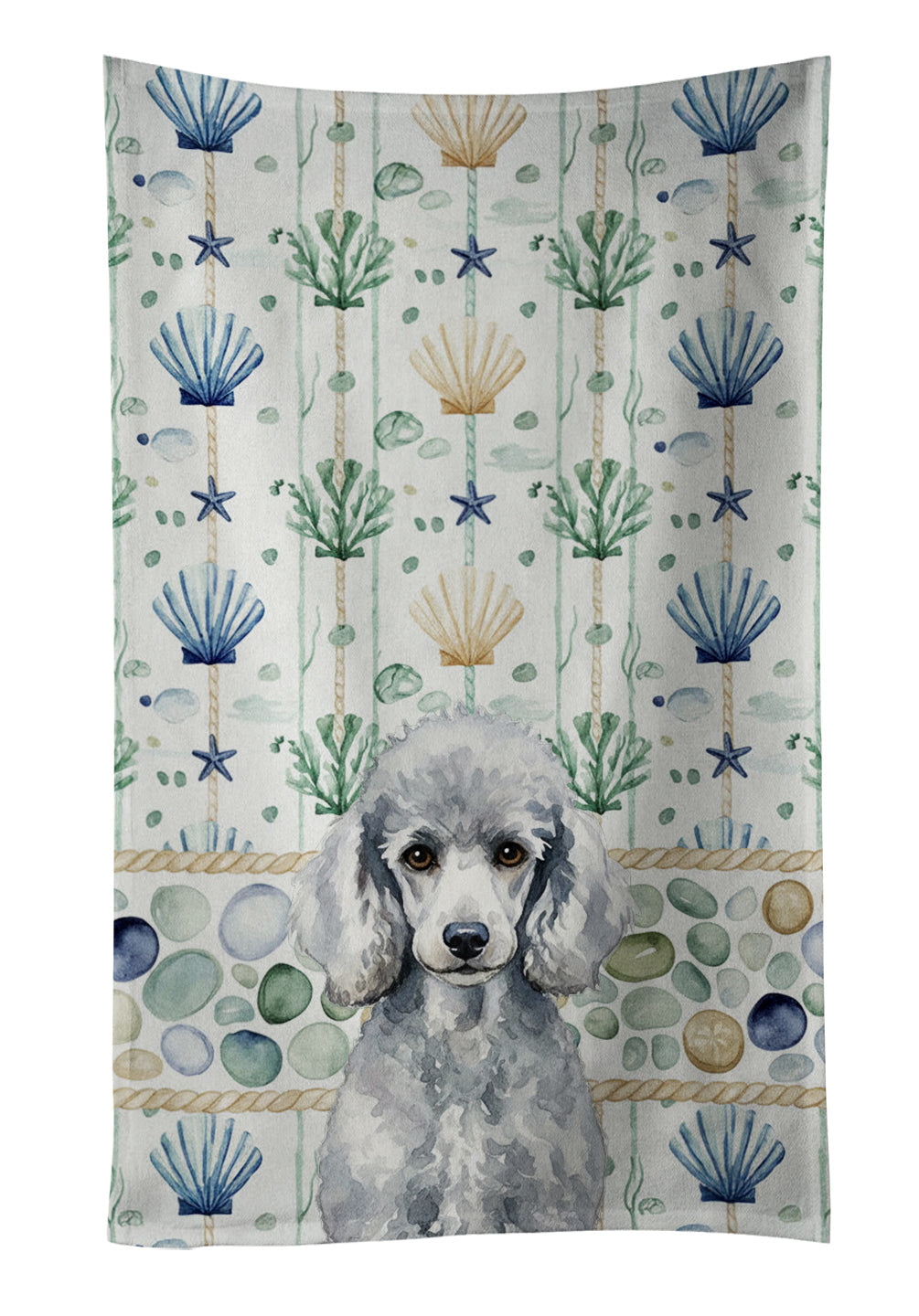 Standard Silver Poodle Coastal Sea Glass Kitchen Towel Velour Plush Front and Cotton Loop Back Machine Washable