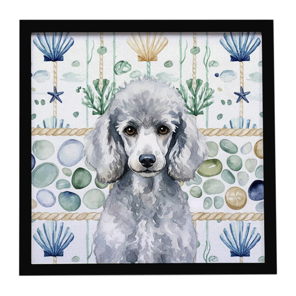 Standard Silver Poodle Coastal Sea Glass Framed Metal Print Bathroom, Kitchen, Office, Home Decor Wall Art Ready to Hang, Square, 8X8