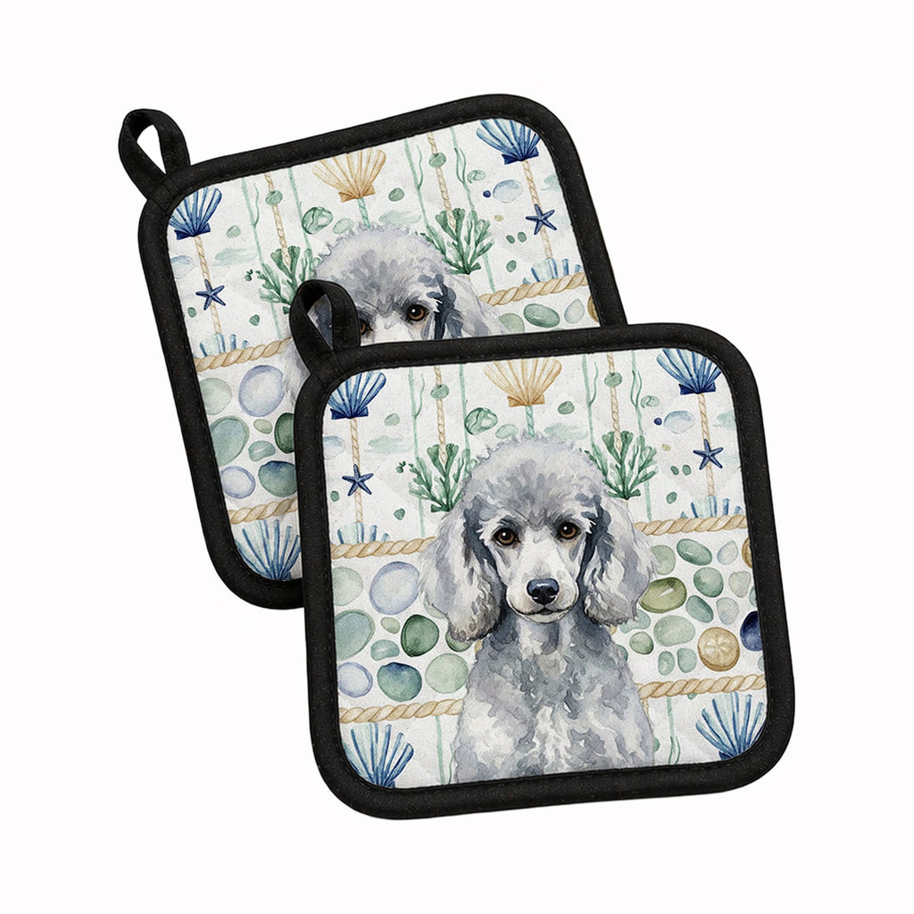 Standard Silver Poodle Coastal Sea Glass Pot Holder Set of 2 Heat Resistant Quilted Hot Pads 7.5 x 7.5 Inch, Insulated Kitchen Trivets for Cooking & Baking