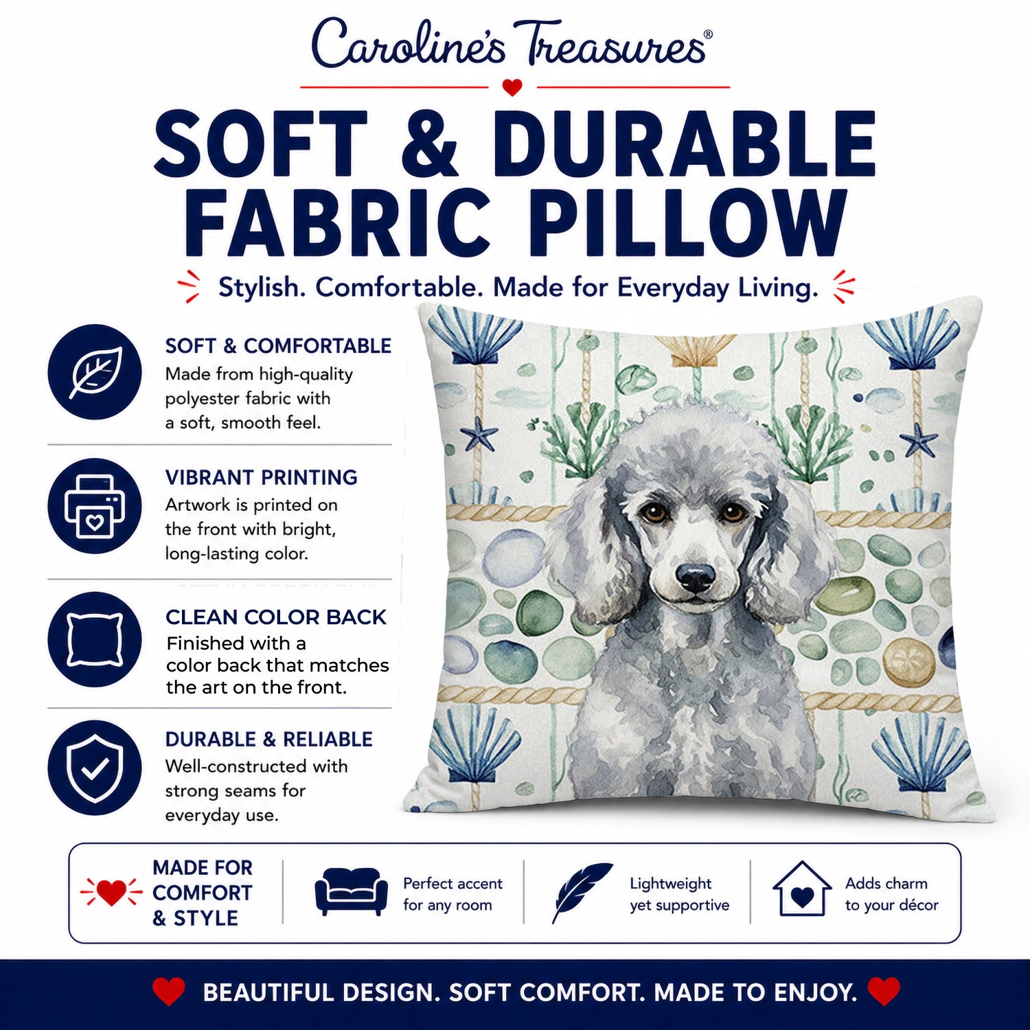 Standard Silver Poodle Coastal Sea Glass Decorative Throw Pillow 14x14 Indoor Outdoor Accent Cushion, Fabric Cover with Insert for Sofa, Bed, Porch & Living Room