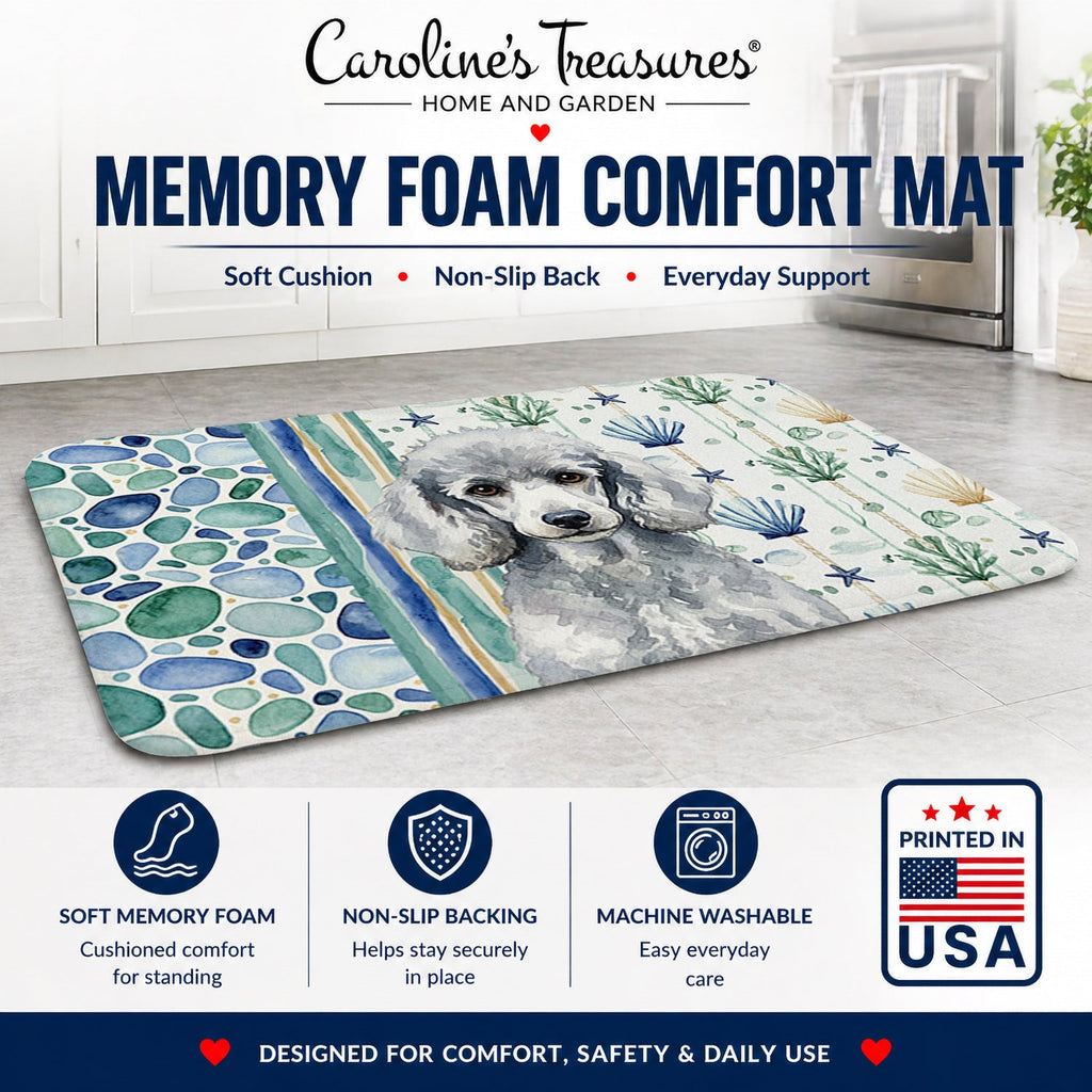 Standard Silver Poodle Coastal Sea Glass Memory Foam Kitchen Mat Machine Washable Anti-Fatigue Cushion Comfort Bath or Kitchen Rug