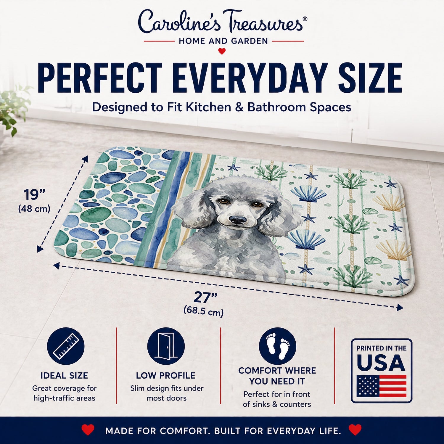 Standard Silver Poodle Coastal Sea Glass Memory Foam Kitchen Mat Machine Washable Anti-Fatigue Cushion Comfort Bath or Kitchen Rug