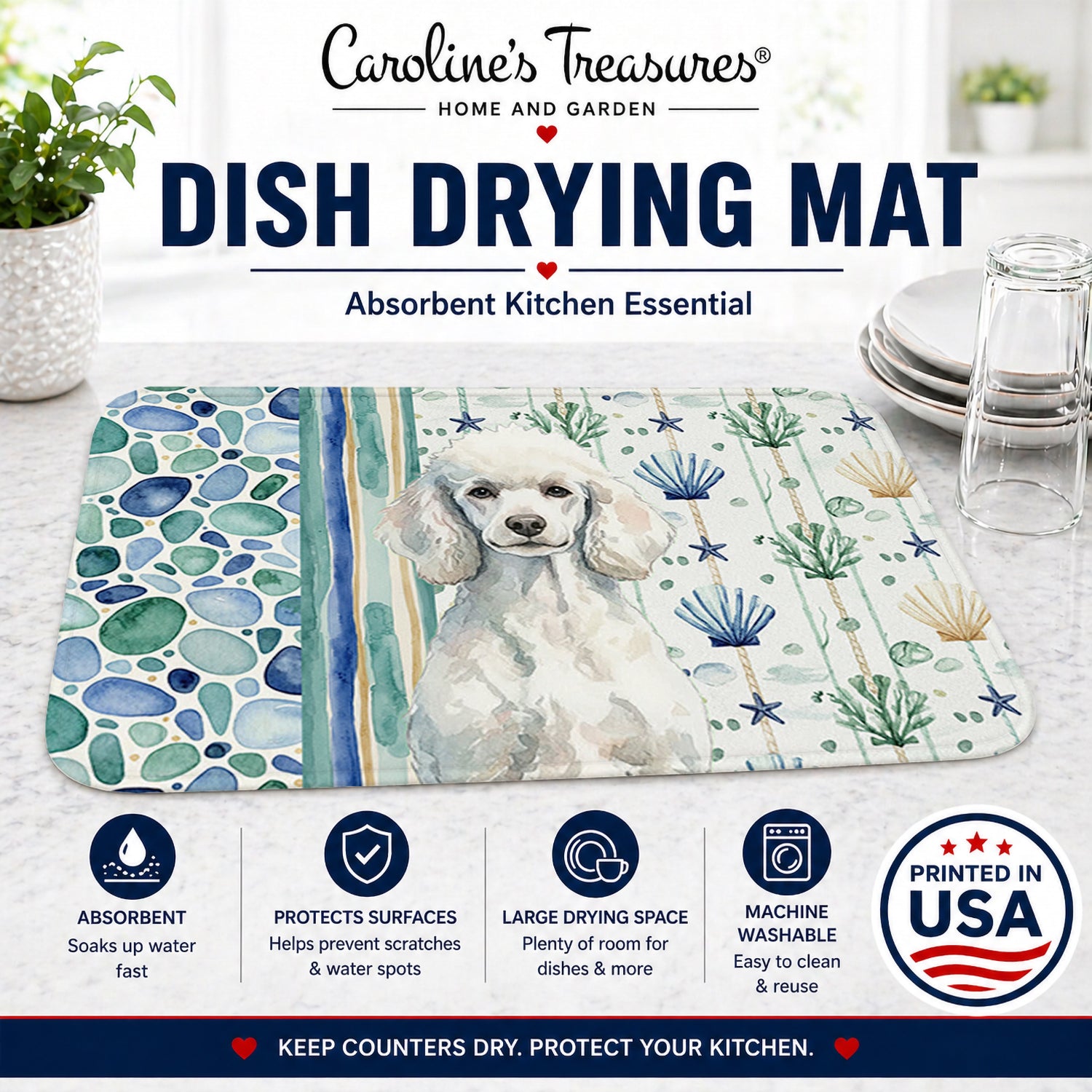 Standard White Poodle Coastal Sea Glass Dish Drying Mat Absorbent Dish Drying Mat Pad for Kitchen Counter Dish Drainer Mat for Countertop, 14 x 21", Multicolor