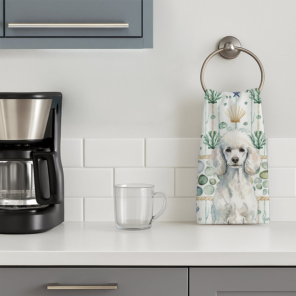 Standard White Poodle Coastal Sea Glass Kitchen Towel Velour Plush Front and Cotton Loop Back Machine Washable