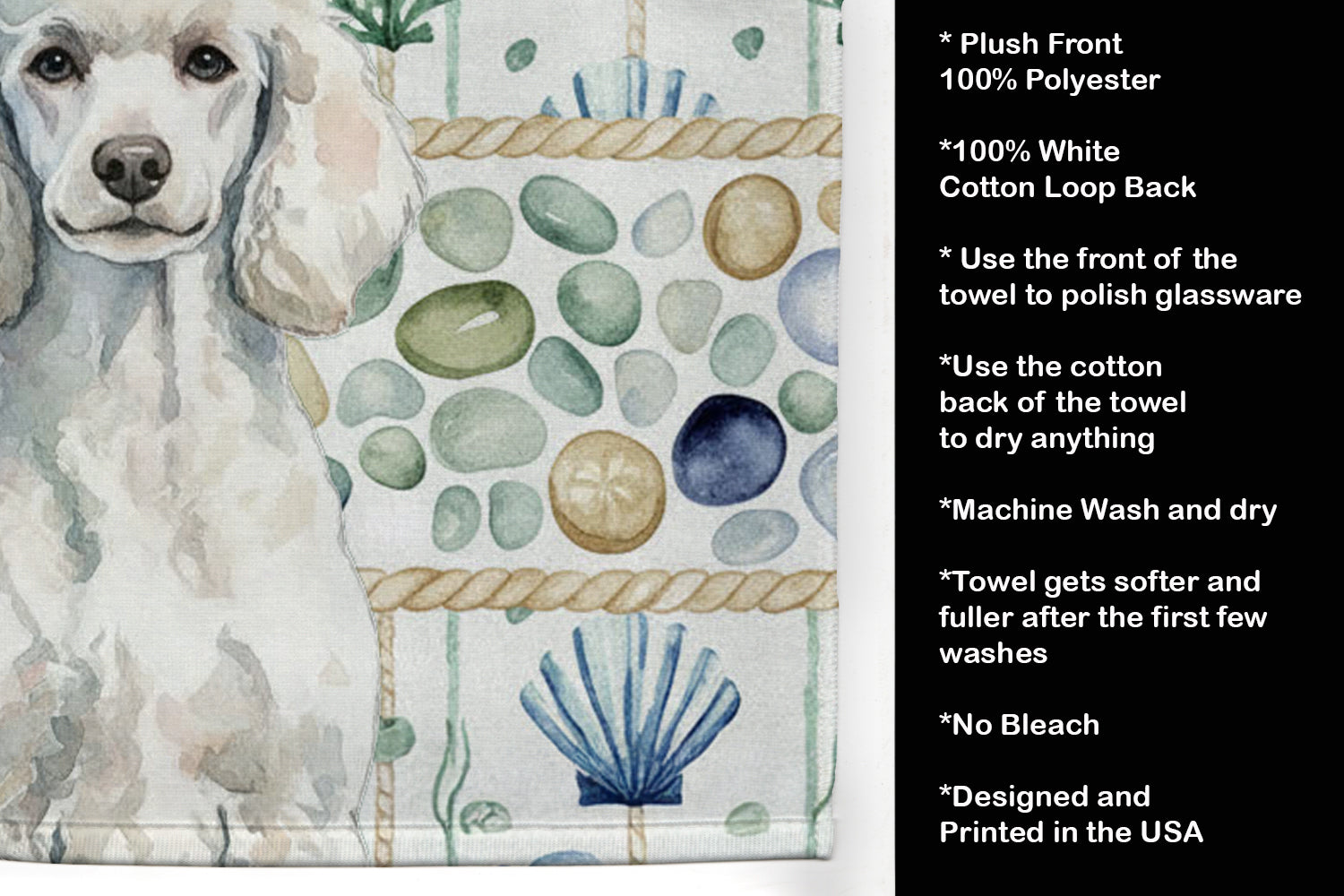 Standard White Poodle Coastal Sea Glass Kitchen Towel Velour Plush Front and Cotton Loop Back Machine Washable
