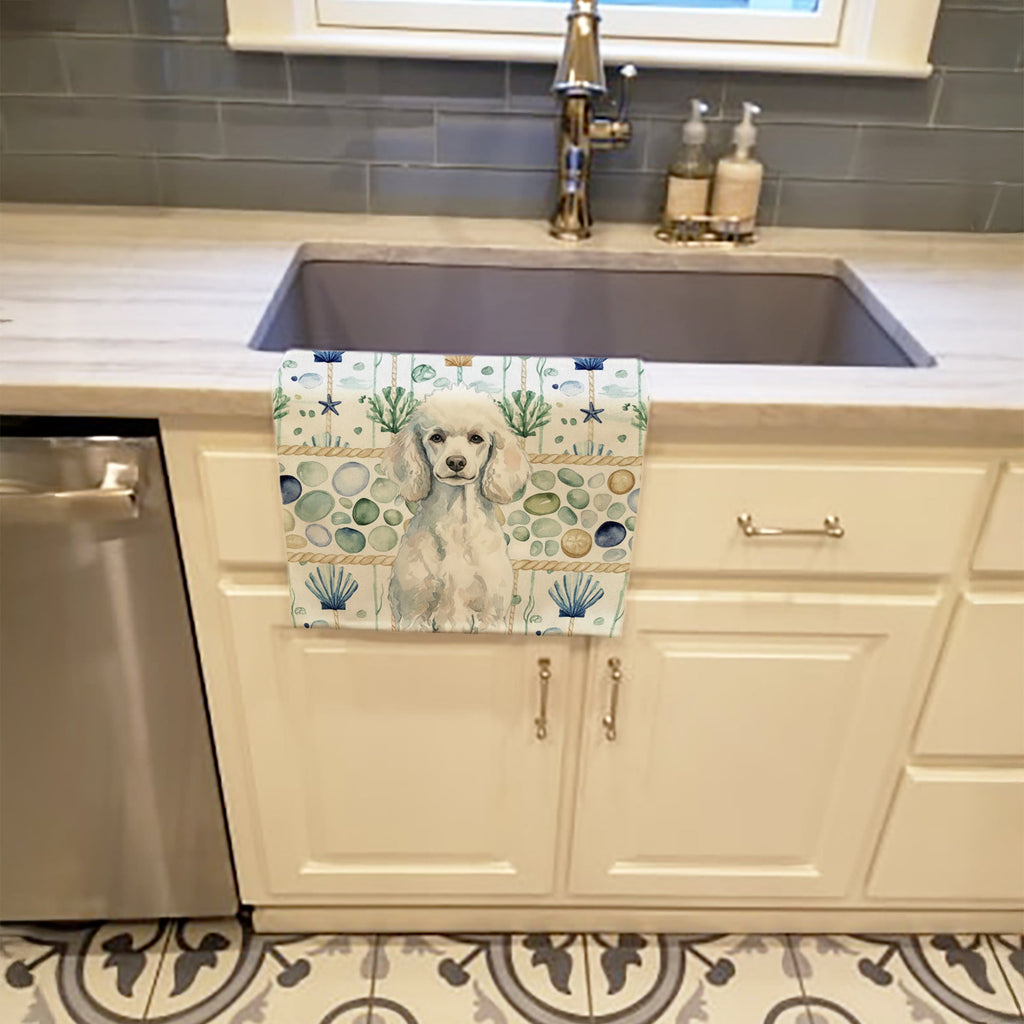 Standard White Poodle Coastal Sea Glass Kitchen Towel Velour Plush Front and Cotton Loop Back Machine Washable