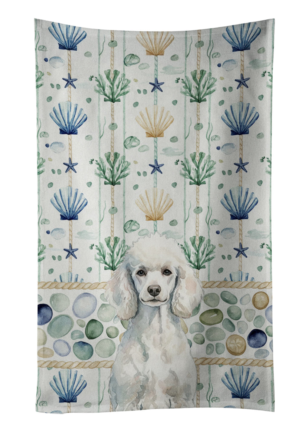 Standard White Poodle Coastal Sea Glass Kitchen Towel Velour Plush Front and Cotton Loop Back Machine Washable