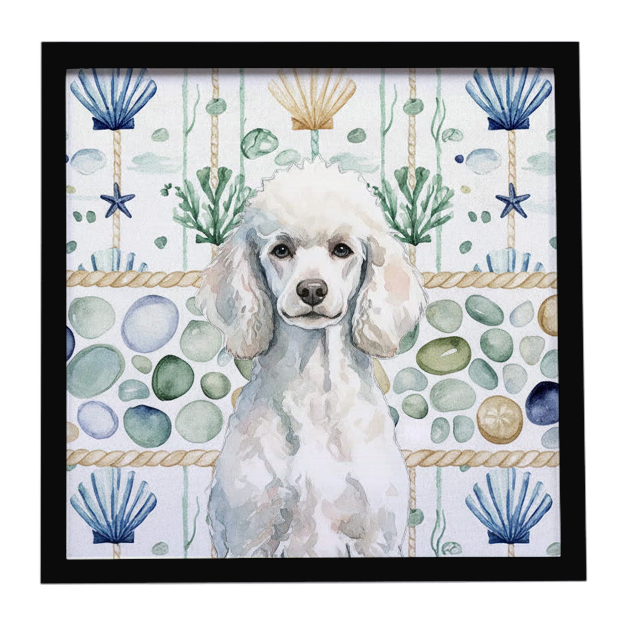 Standard White Poodle Coastal Sea Glass Framed Metal Print Bathroom, Kitchen, Office, Home Decor Wall Art Ready to Hang, Square, 8X8