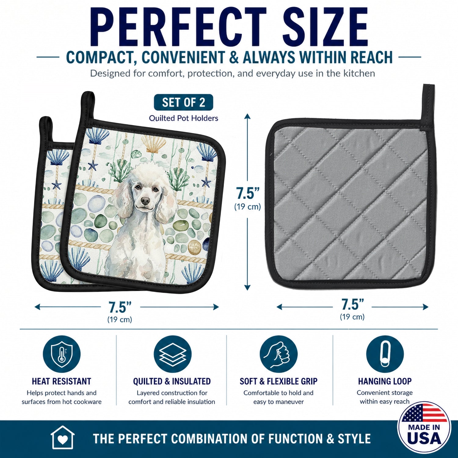 Standard White Poodle Coastal Sea Glass Pot Holder Set of 2 Heat Resistant Quilted Hot Pads 7.5 x 7.5 Inch, Insulated Kitchen Trivets for Cooking & Baking