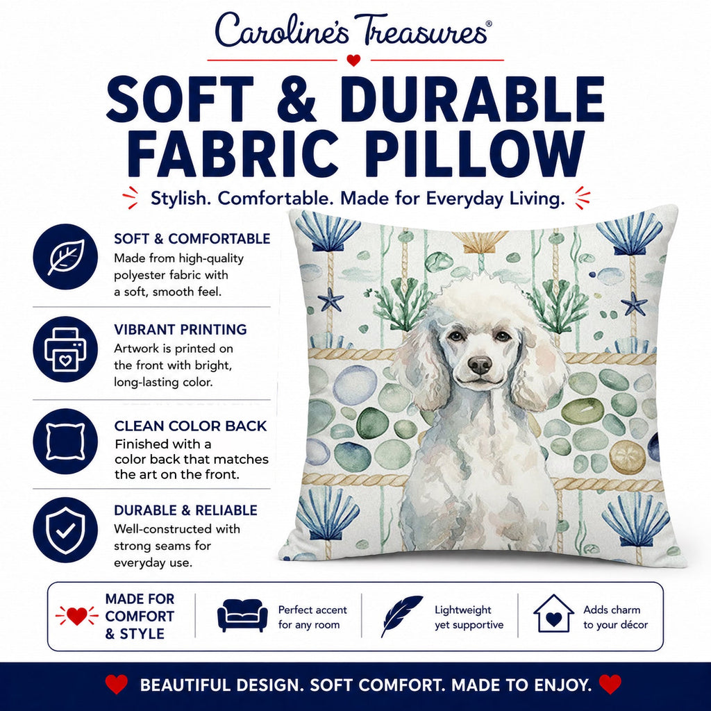 Standard White Poodle Coastal Sea Glass Decorative Throw Pillow 14x14 Indoor Outdoor Accent Cushion, Fabric Cover with Insert for Sofa, Bed, Porch & Living Room