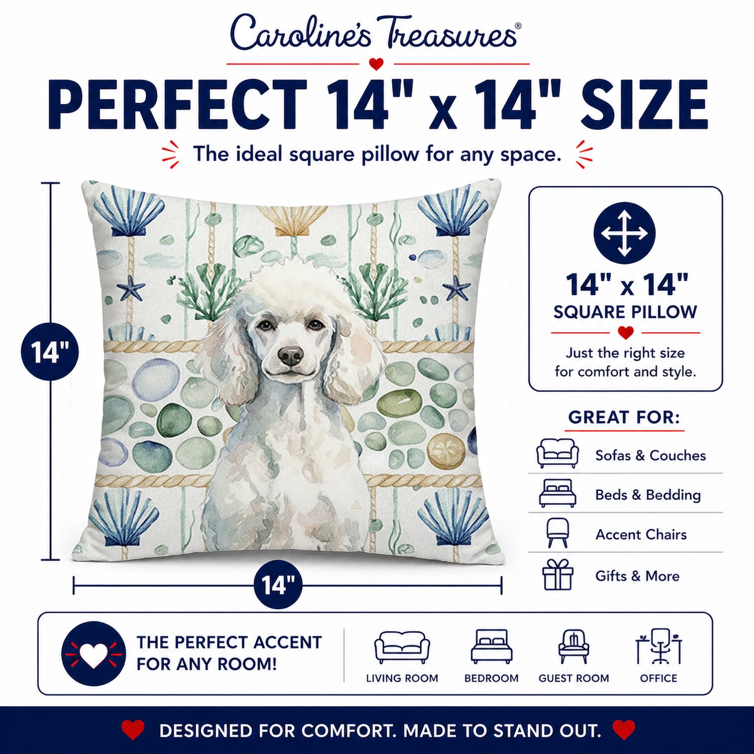 Standard White Poodle Coastal Sea Glass Decorative Throw Pillow 14x14 Indoor Outdoor Accent Cushion, Fabric Cover with Insert for Sofa, Bed, Porch & Living Room