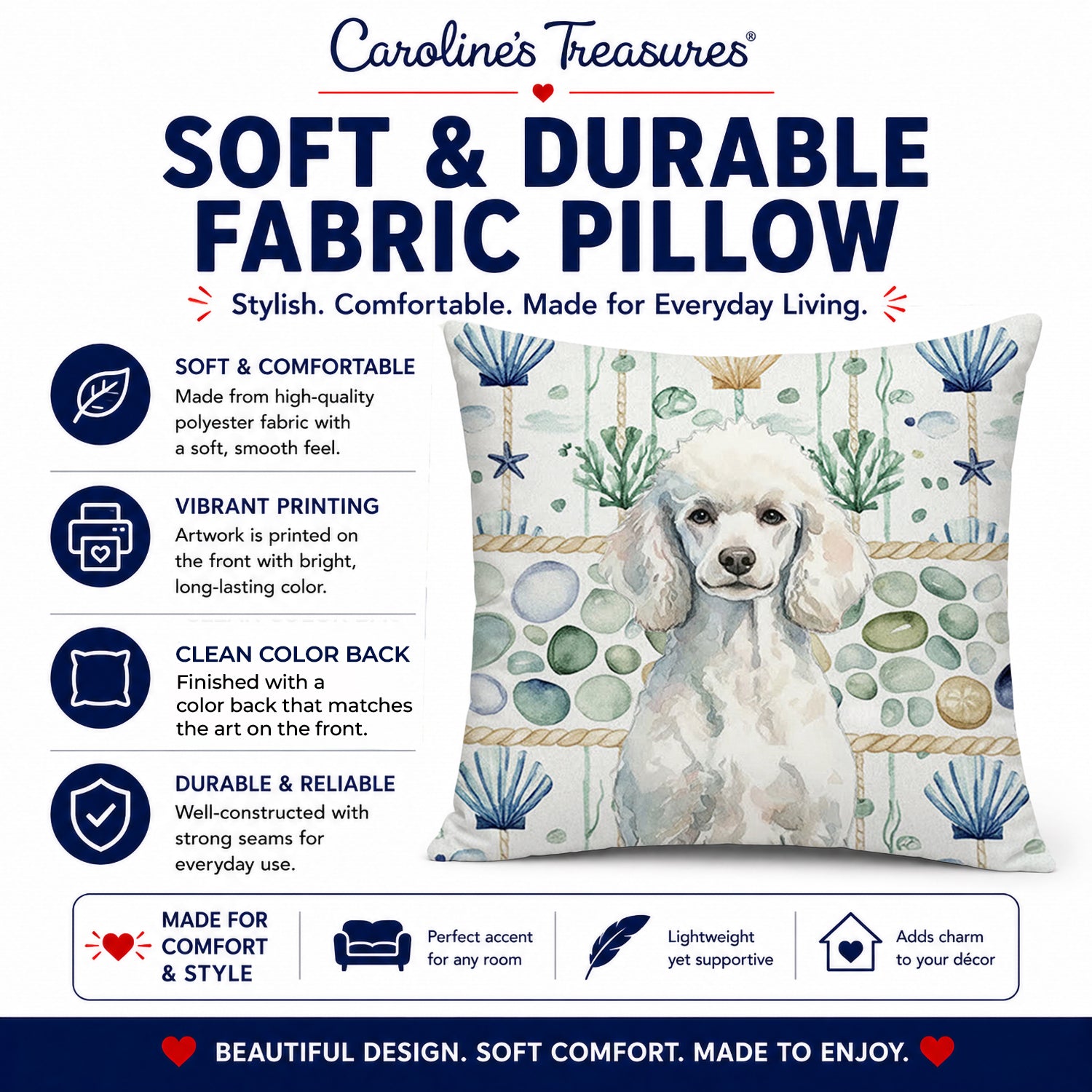 Standard White Poodle Coastal Sea Glass Decorative Throw Pillow 18x18 Indoor Outdoor Accent Cushion, Fabric Cover with Insert for Sofa, Bed, Porch & Living Room