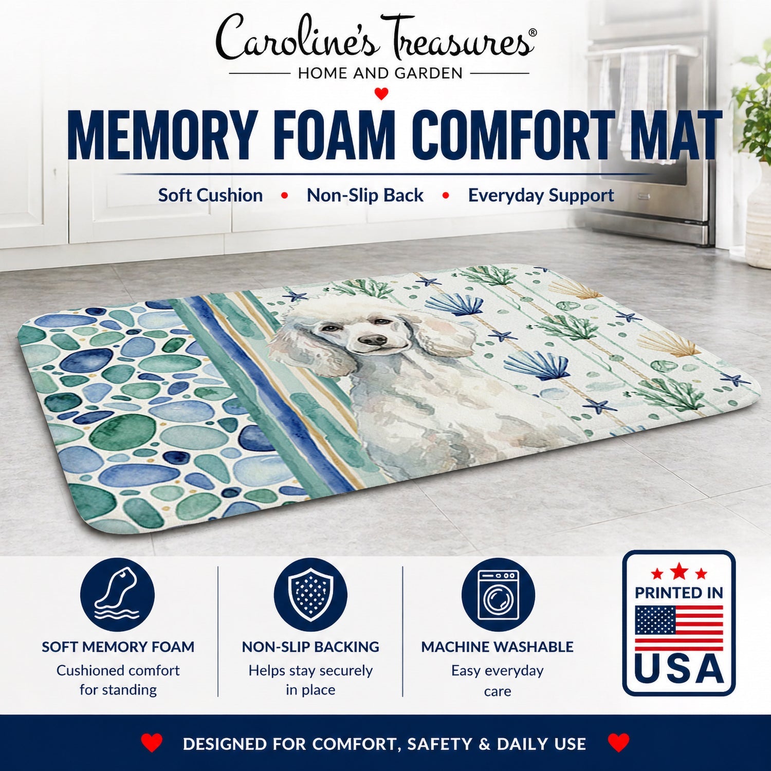 Standard White Poodle Coastal Sea Glass Memory Foam Kitchen Mat Machine Washable Anti-Fatigue Cushion Comfort Bath or Kitchen Rug