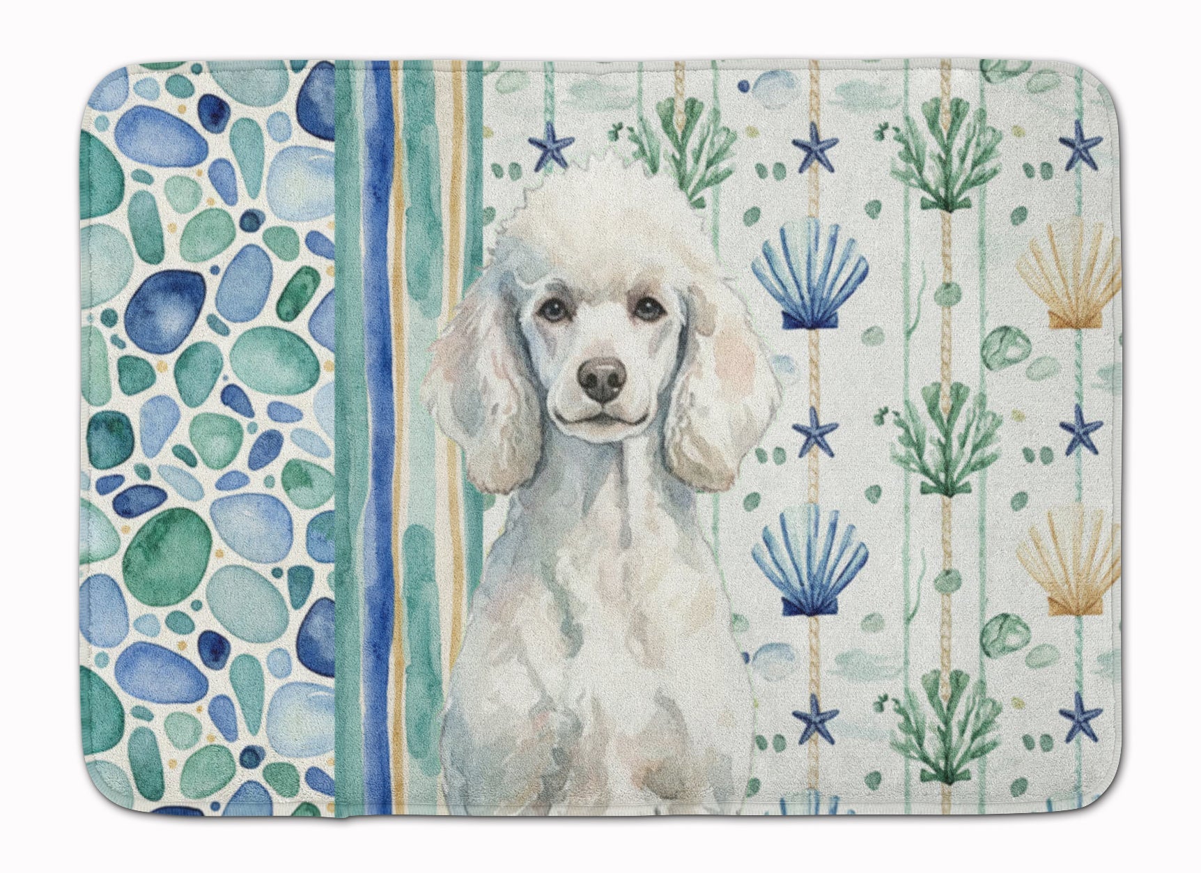 Standard White Poodle Coastal Sea Glass Memory Foam Kitchen Mat Machine Washable Anti-Fatigue Cushion Comfort Bath or Kitchen Rug