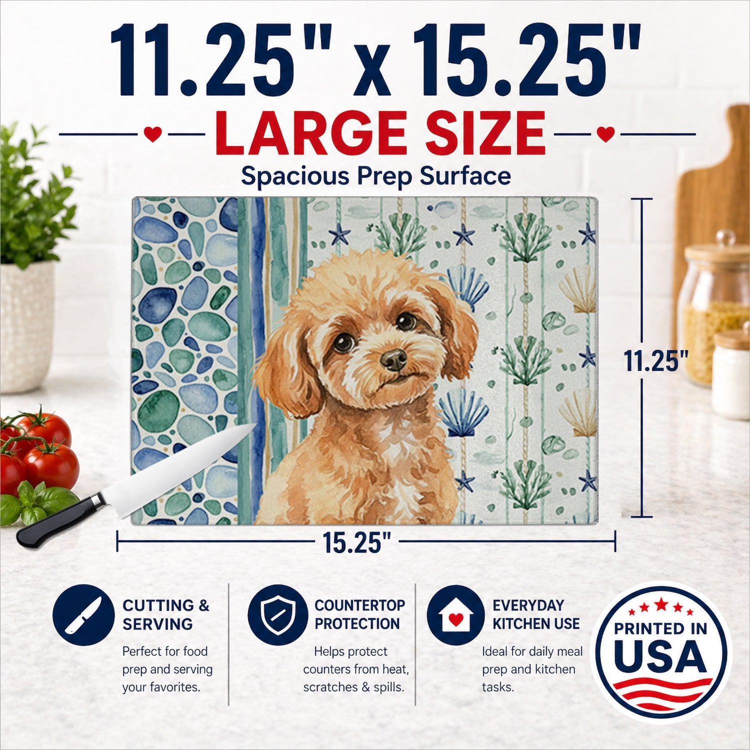 Toy Apricot Poodle Coastal Sea Glass Cutting Board Tempered Glass Kitchen Cutting Surface, Heat Resistant Chopping, Non-Slip Feet, Food Prep & Serving