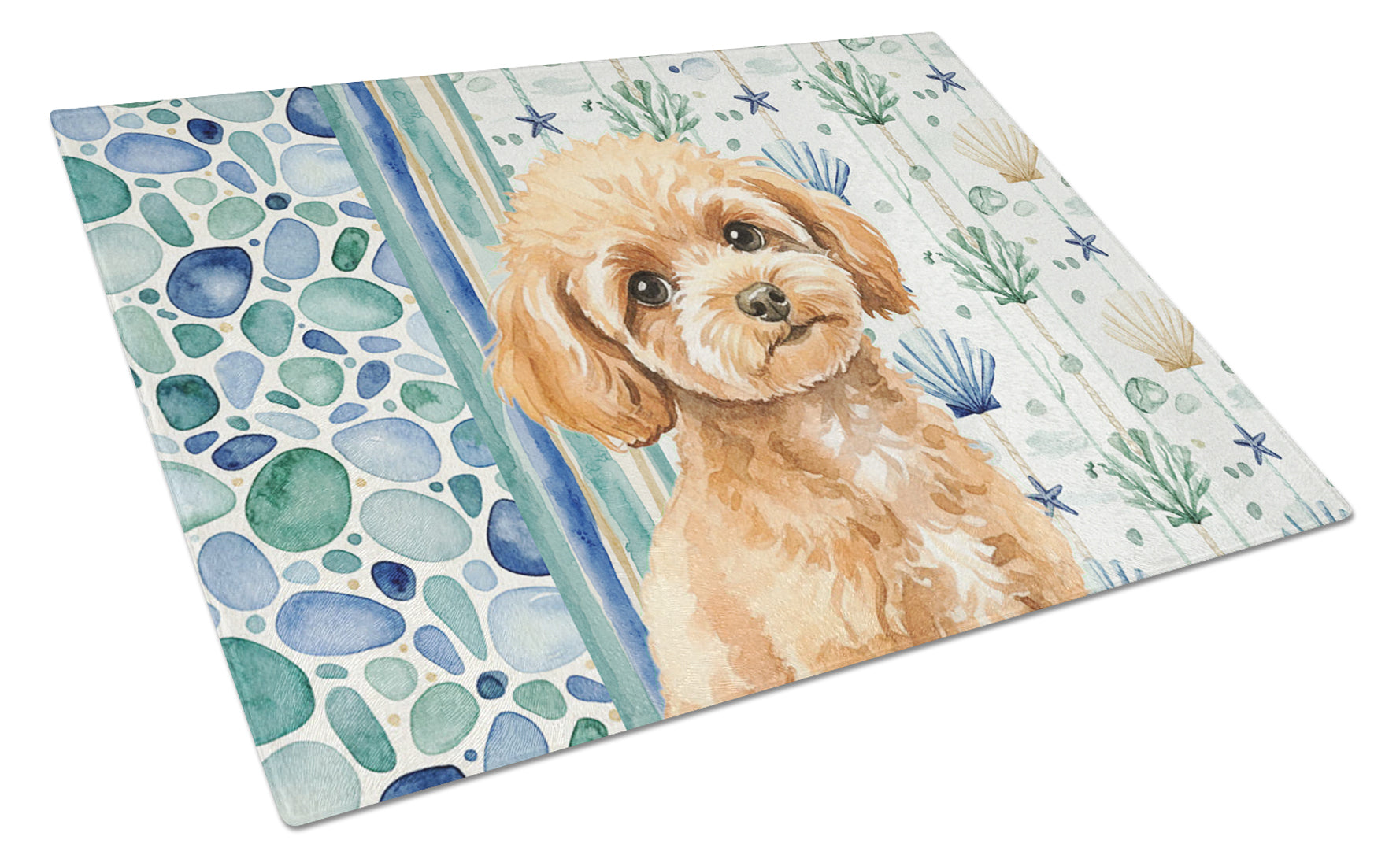 Toy Apricot Poodle Coastal Sea Glass Cutting Board Tempered Glass Kitchen Cutting Surface, Heat Resistant Chopping, Non-Slip Feet, Food Prep & Serving