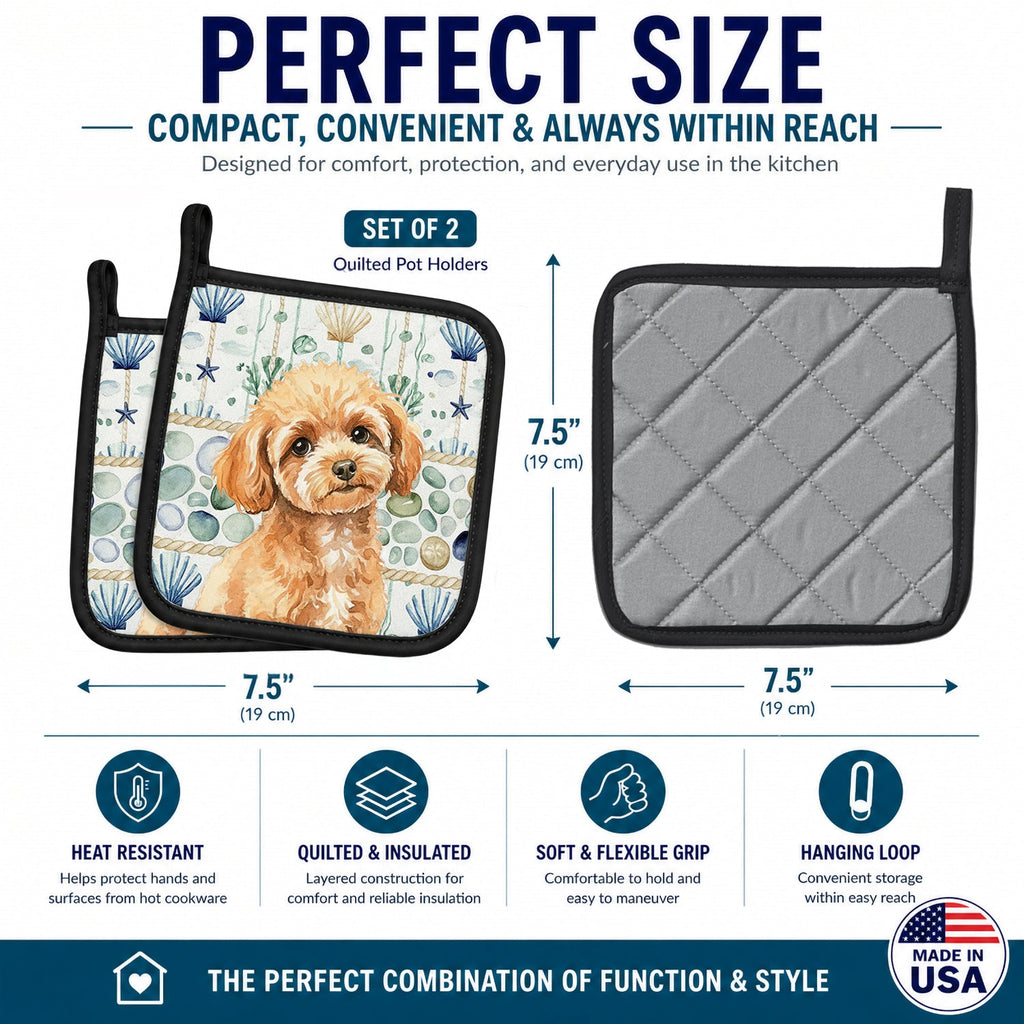 Toy Apricot Poodle Coastal Sea Glass Pot Holder Set of 2 Heat Resistant Quilted Hot Pads 7.5 x 7.5 Inch, Insulated Kitchen Trivets for Cooking & Baking