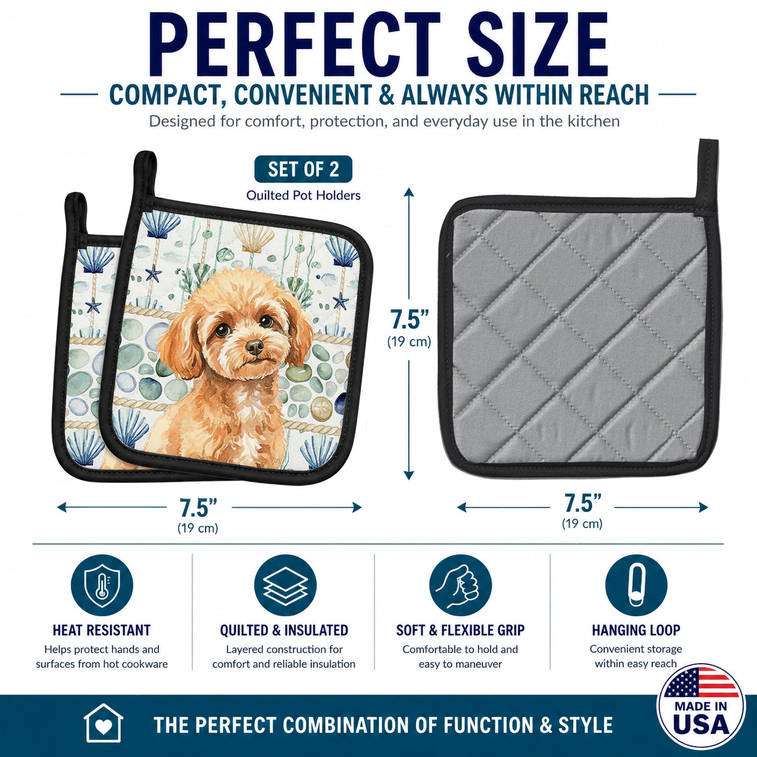 Toy Apricot Poodle Coastal Sea Glass Pot Holder Set of 2 Heat Resistant Quilted Hot Pads 7.5 x 7.5 Inch, Insulated Kitchen Trivets for Cooking & Baking