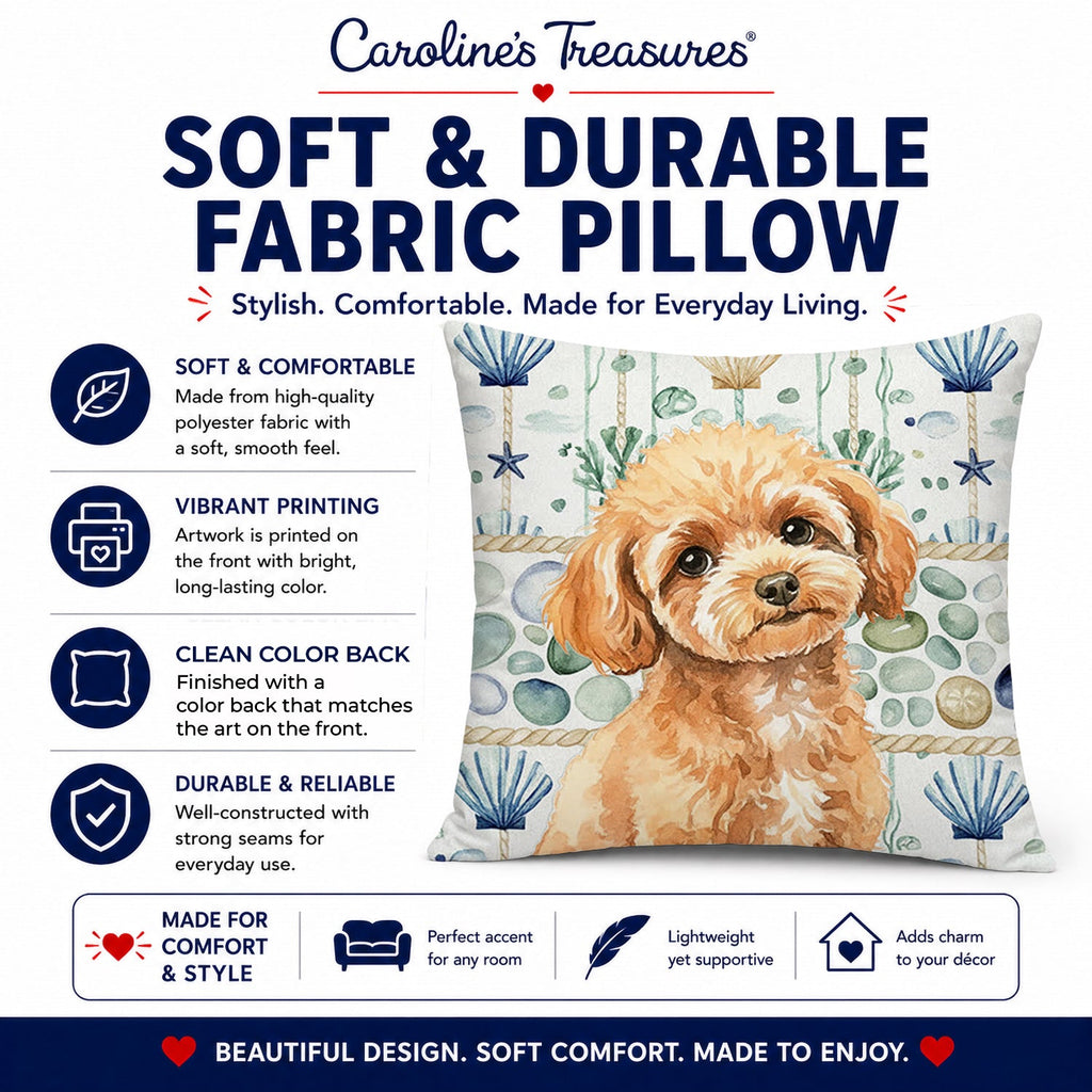 Toy Apricot Poodle Coastal Sea Glass Decorative Throw Pillow 14x14 Indoor Outdoor Accent Cushion, Fabric Cover with Insert for Sofa, Bed, Porch & Living Room