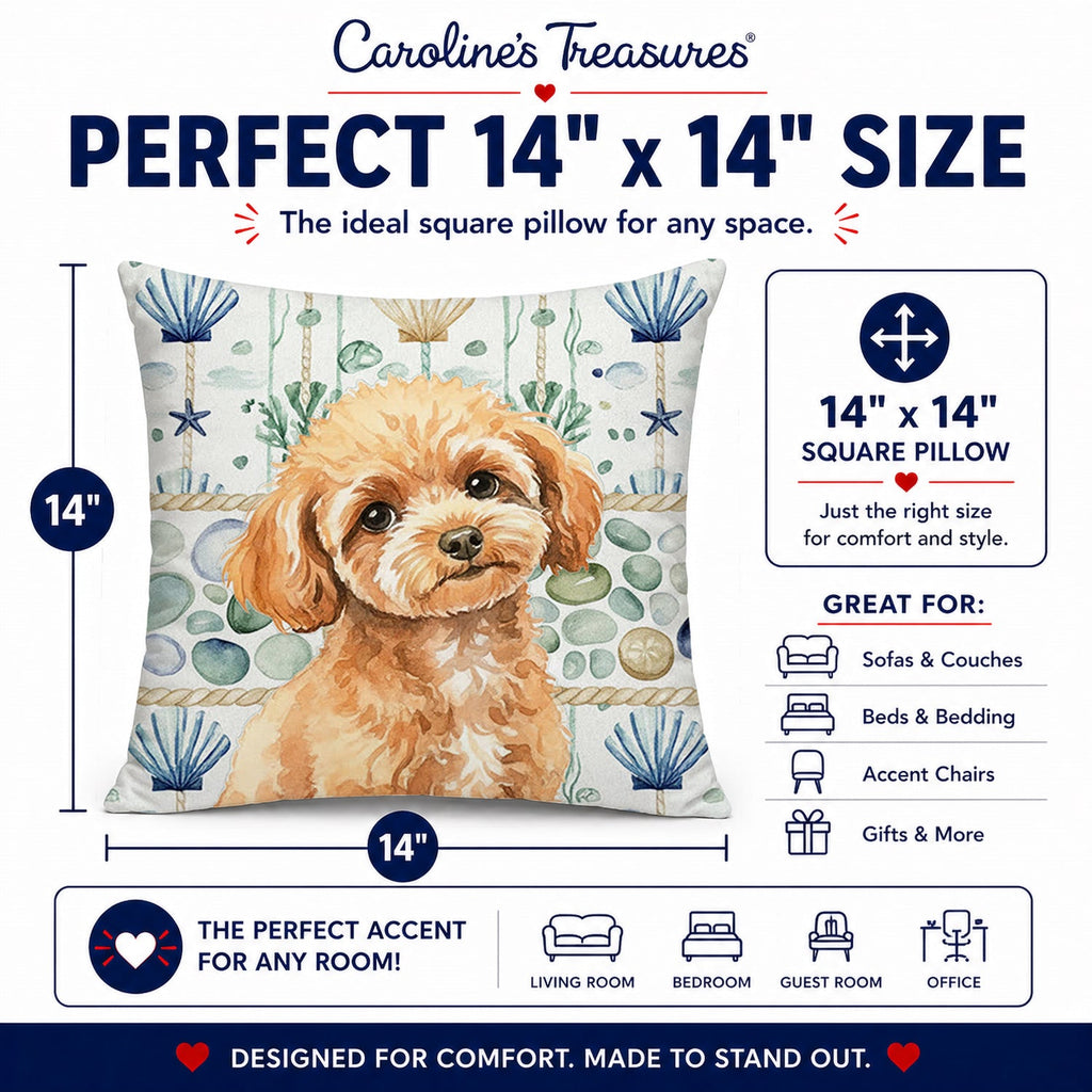 Toy Apricot Poodle Coastal Sea Glass Decorative Throw Pillow 14x14 Indoor Outdoor Accent Cushion, Fabric Cover with Insert for Sofa, Bed, Porch & Living Room