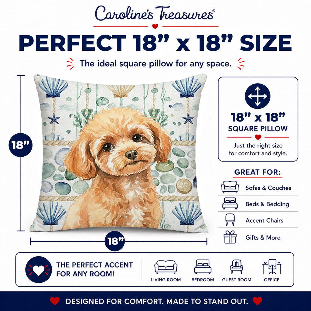 Toy Apricot Poodle Coastal Sea Glass Decorative Throw Pillow 18x18 Indoor Outdoor Accent Cushion, Fabric Cover with Insert for Sofa, Bed, Porch & Living Room