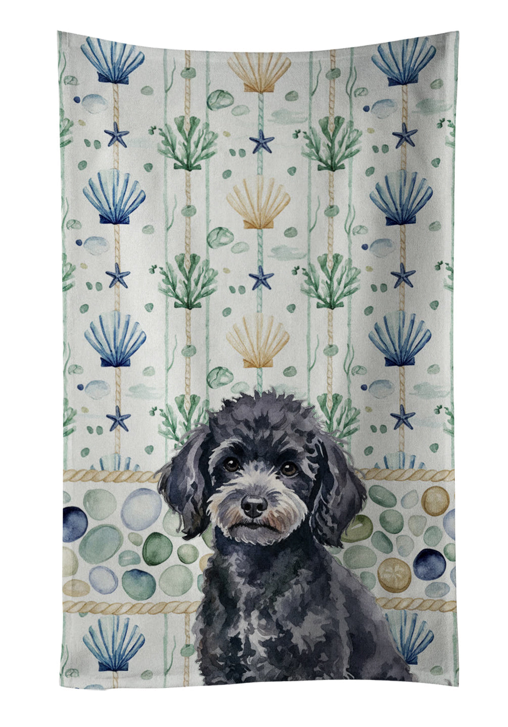 Toy Black Poodle Coastal Sea Glass Kitchen Towel Velour Plush Front and Cotton Loop Back Machine Washable