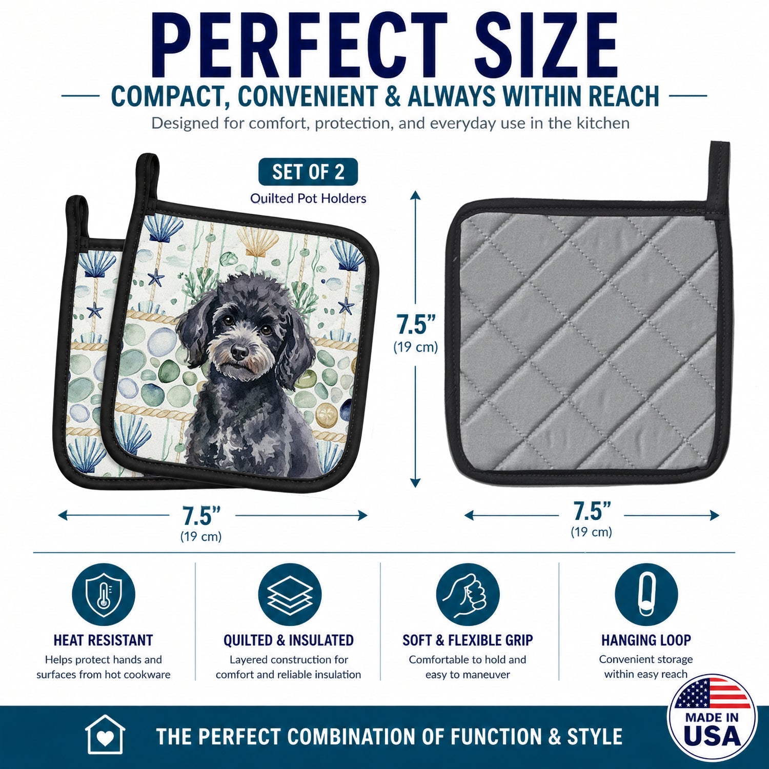 Toy Black Poodle Coastal Sea Glass Pot Holder Set of 2 Heat Resistant Quilted Hot Pads 7.5 x 7.5 Inch, Insulated Kitchen Trivets for Cooking & Baking