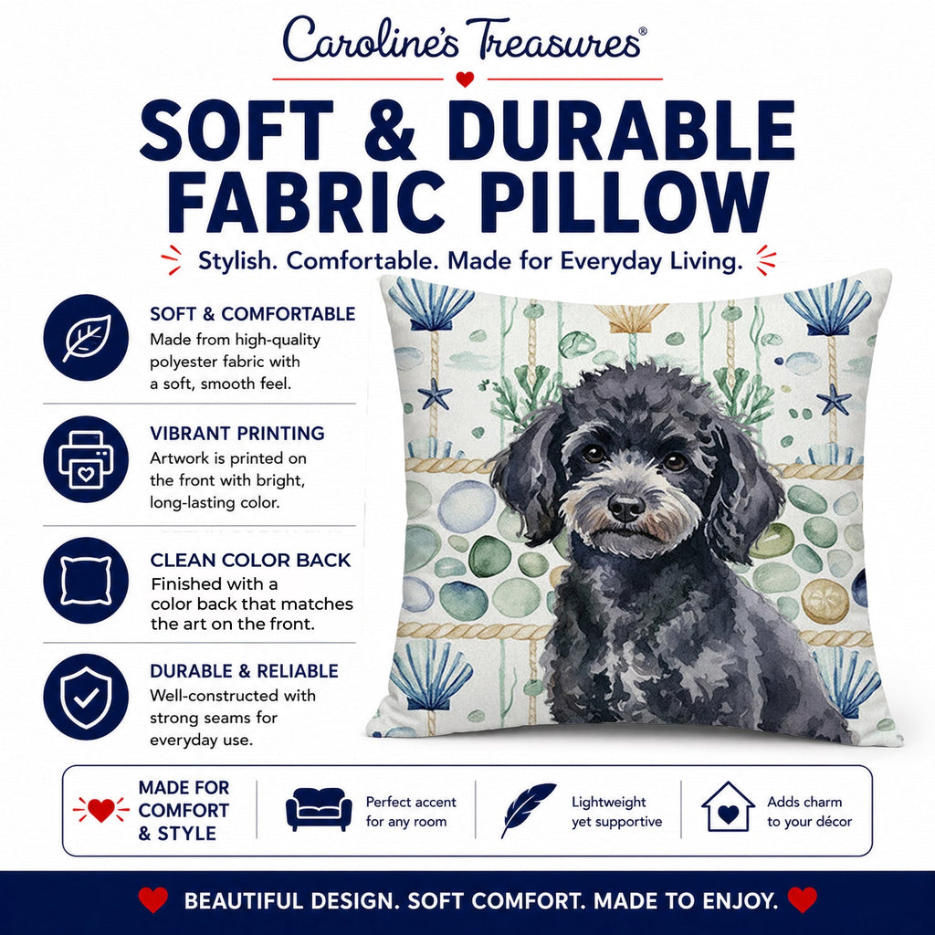 Toy Black Poodle Coastal Sea Glass Decorative Throw Pillow 14x14 Indoor Outdoor Accent Cushion, Fabric Cover with Insert for Sofa, Bed, Porch & Living Room