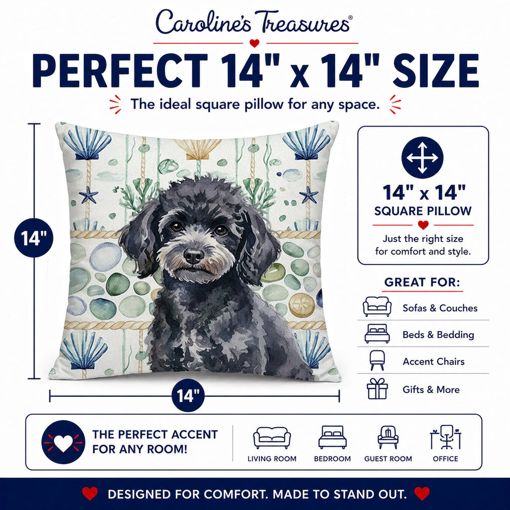 Toy Black Poodle Coastal Sea Glass Decorative Throw Pillow 14x14 Indoor Outdoor Accent Cushion, Fabric Cover with Insert for Sofa, Bed, Porch & Living Room