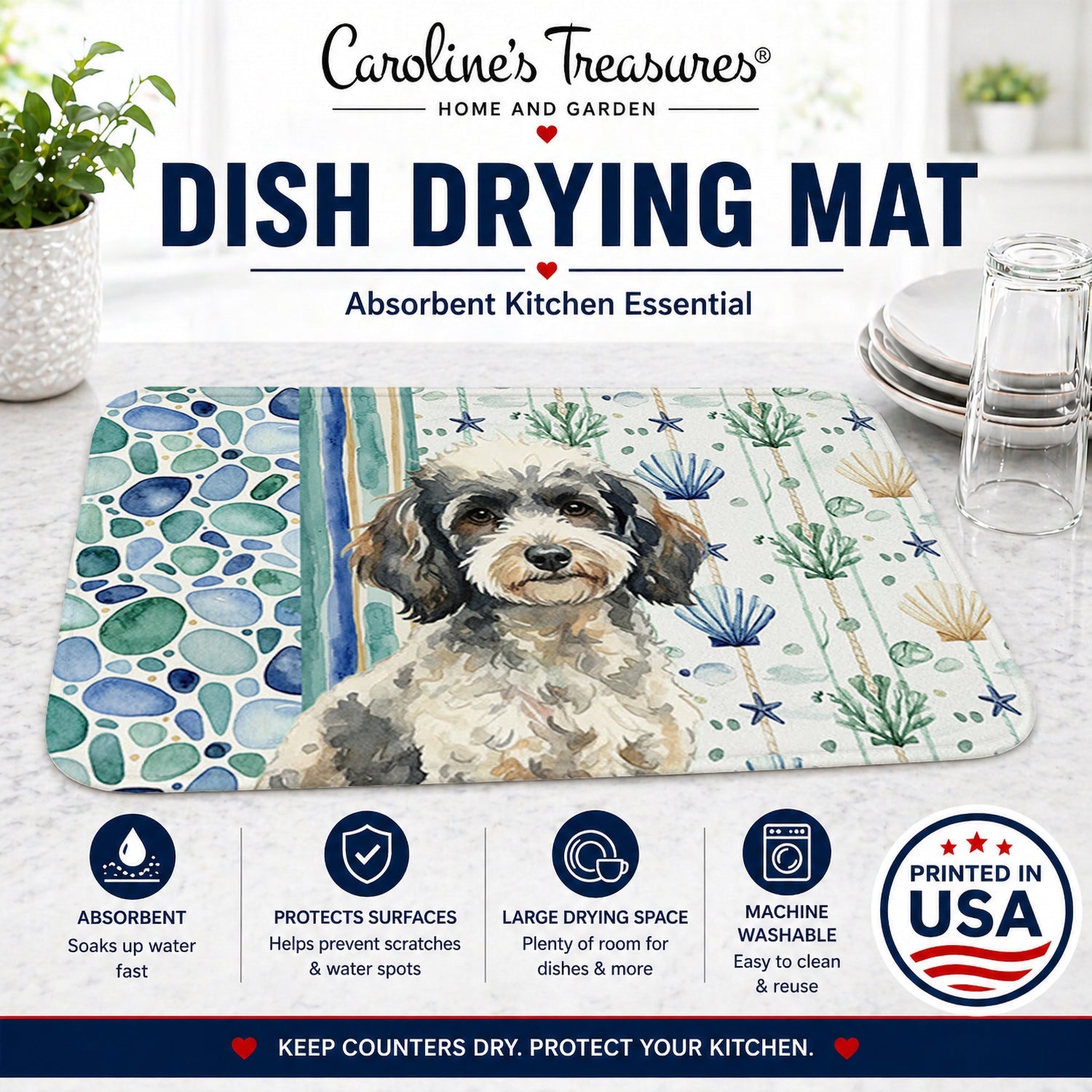 Toy Parti Poodle Coastal Sea Glass Dish Drying Mat Absorbent Dish Drying Mat Pad for Kitchen Counter Dish Drainer Mat for Countertop, 14 x 21", Multicolor