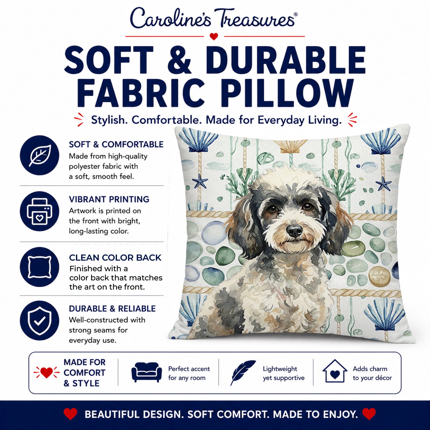 Toy Parti Poodle Coastal Sea Glass Decorative Throw Pillow 14x14 Indoor Outdoor Accent Cushion, Fabric Cover with Insert for Sofa, Bed, Porch & Living Room