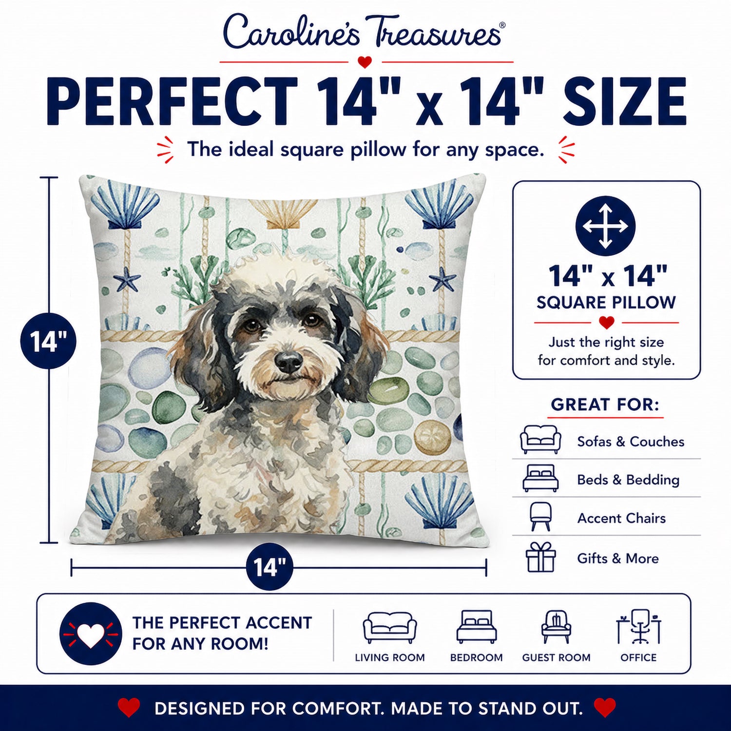Toy Parti Poodle Coastal Sea Glass Decorative Throw Pillow 14x14 Indoor Outdoor Accent Cushion, Fabric Cover with Insert for Sofa, Bed, Porch & Living Room