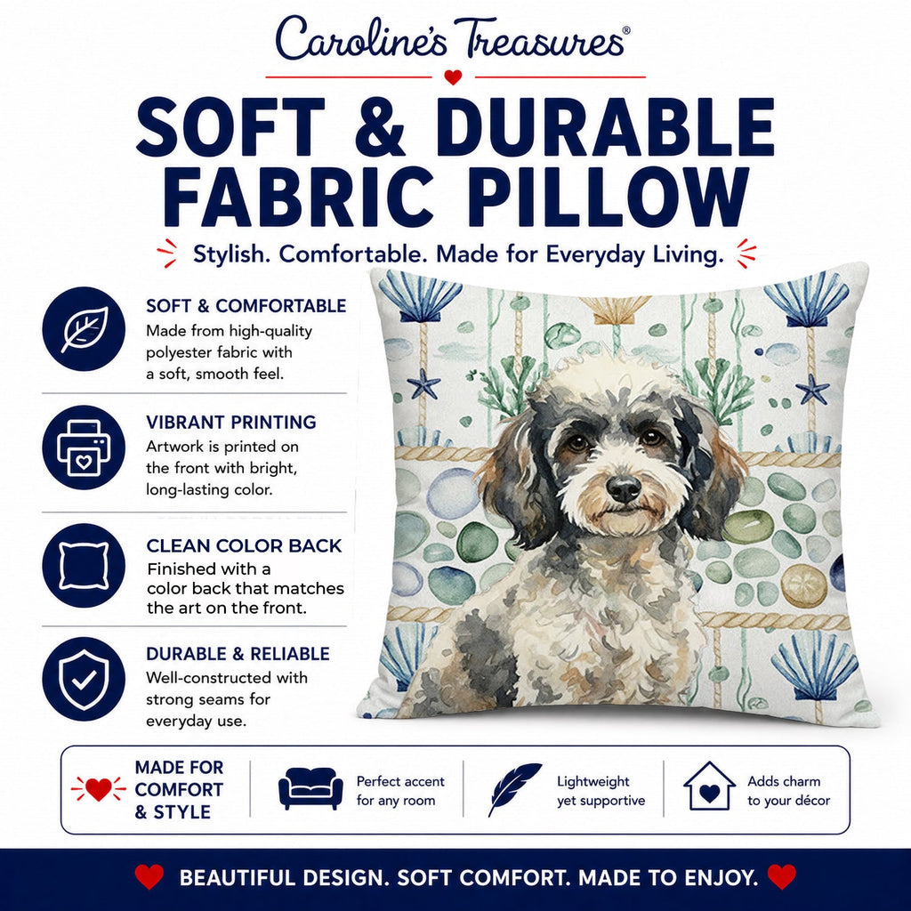 Toy Parti Poodle Coastal Sea Glass Decorative Throw Pillow 18x18 Indoor Outdoor Accent Cushion, Fabric Cover with Insert for Sofa, Bed, Porch & Living Room