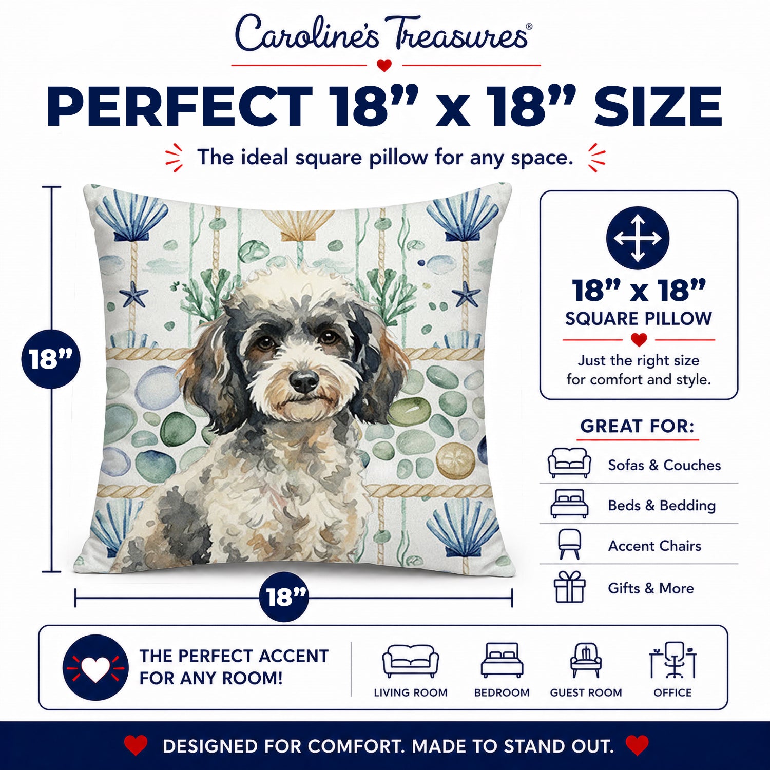 Toy Parti Poodle Coastal Sea Glass Decorative Throw Pillow 18x18 Indoor Outdoor Accent Cushion, Fabric Cover with Insert for Sofa, Bed, Porch & Living Room