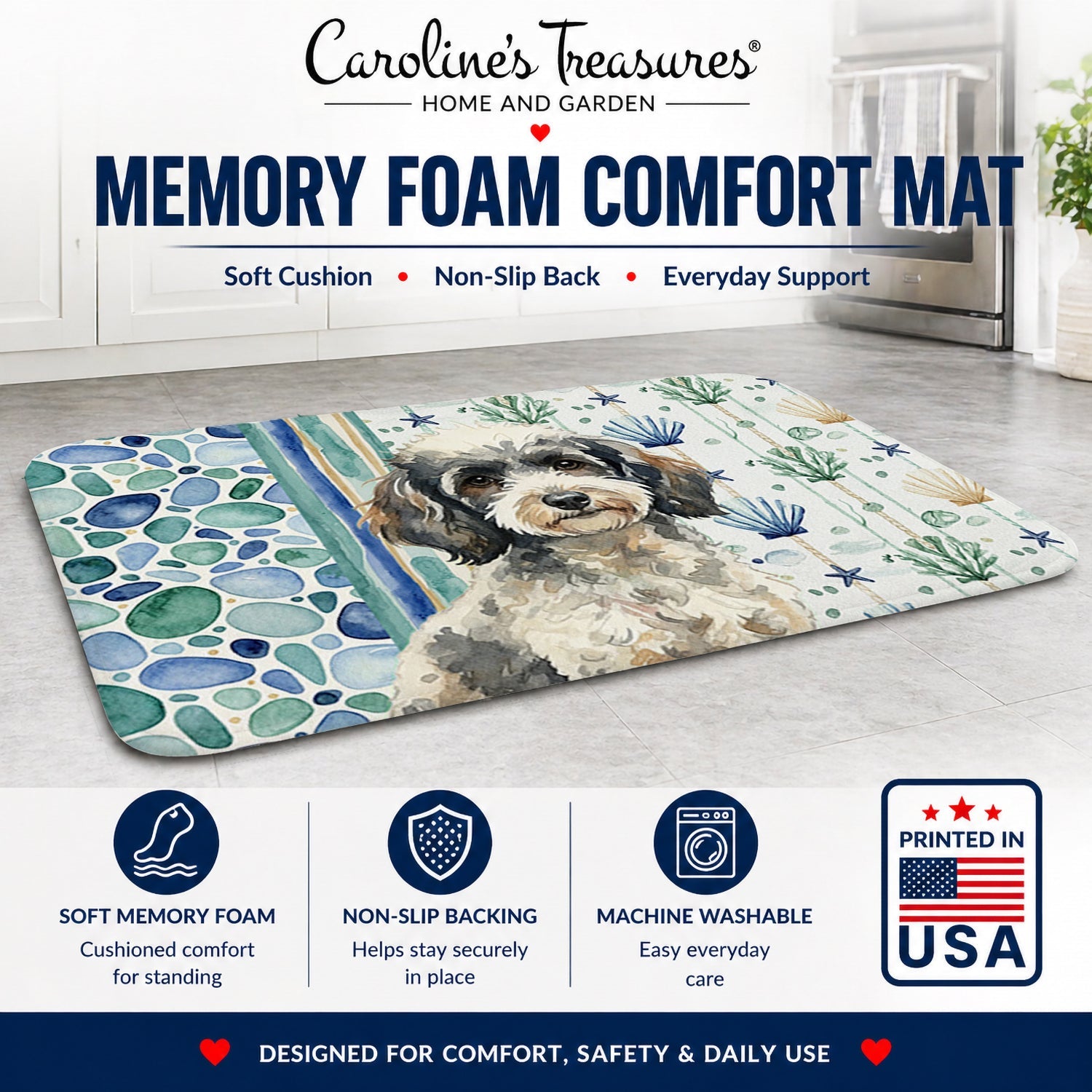 Toy Parti Poodle Coastal Sea Glass Memory Foam Kitchen Mat Machine Washable Anti-Fatigue Cushion Comfort Bath or Kitchen Rug