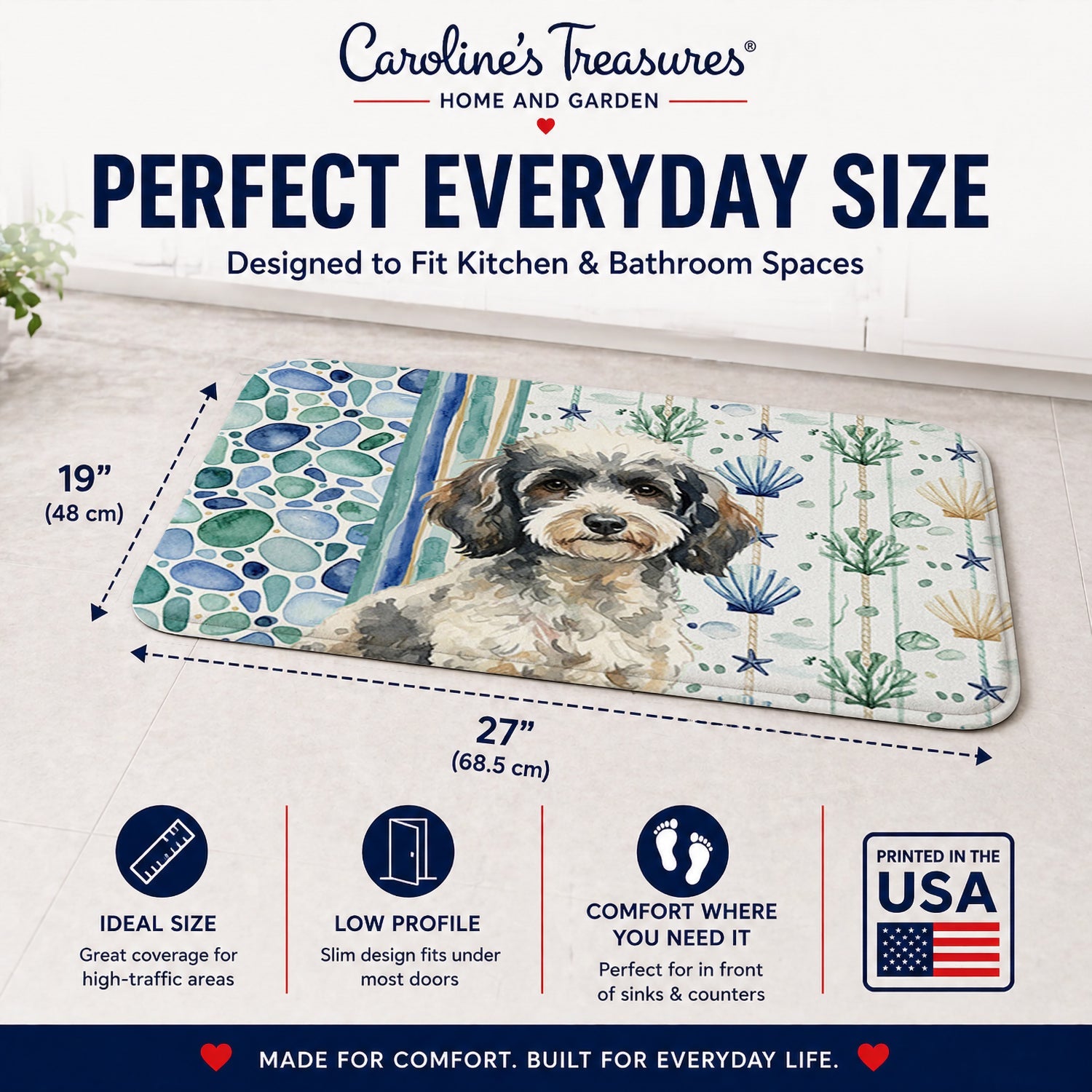Toy Parti Poodle Coastal Sea Glass Memory Foam Kitchen Mat Machine Washable Anti-Fatigue Cushion Comfort Bath or Kitchen Rug