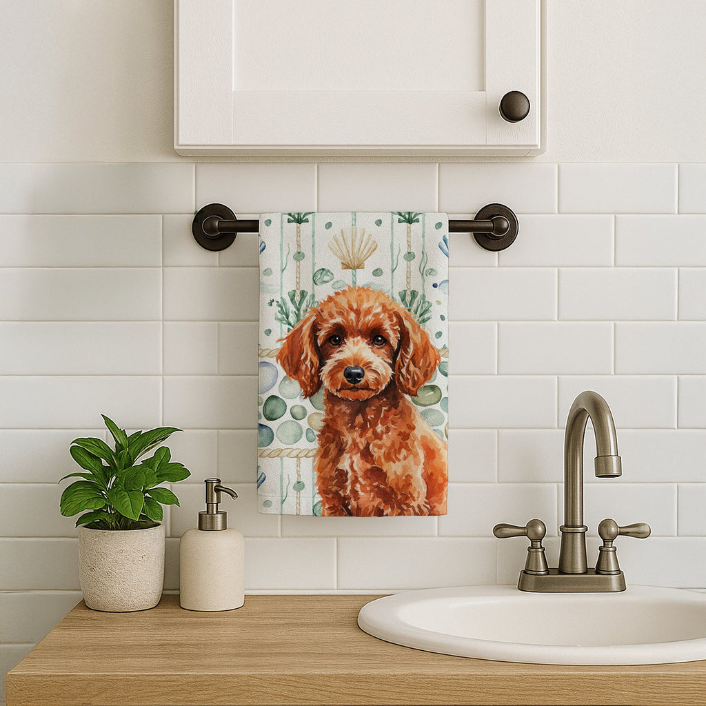 Toy Red Poodle Coastal Sea Glass Kitchen Towel Velour Plush Front and Cotton Loop Back Machine Washable