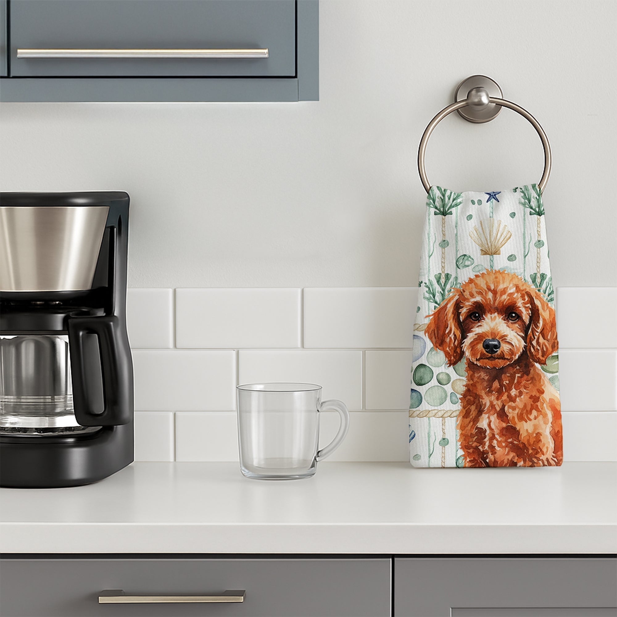 Toy Red Poodle Coastal Sea Glass Kitchen Towel Velour Plush Front and Cotton Loop Back Machine Washable