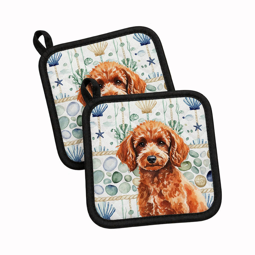 Toy Red Poodle Coastal Sea Glass Pot Holder Set of 2 Heat Resistant Quilted Hot Pads 7.5 x 7.5 Inch, Insulated Kitchen Trivets for Cooking & Baking